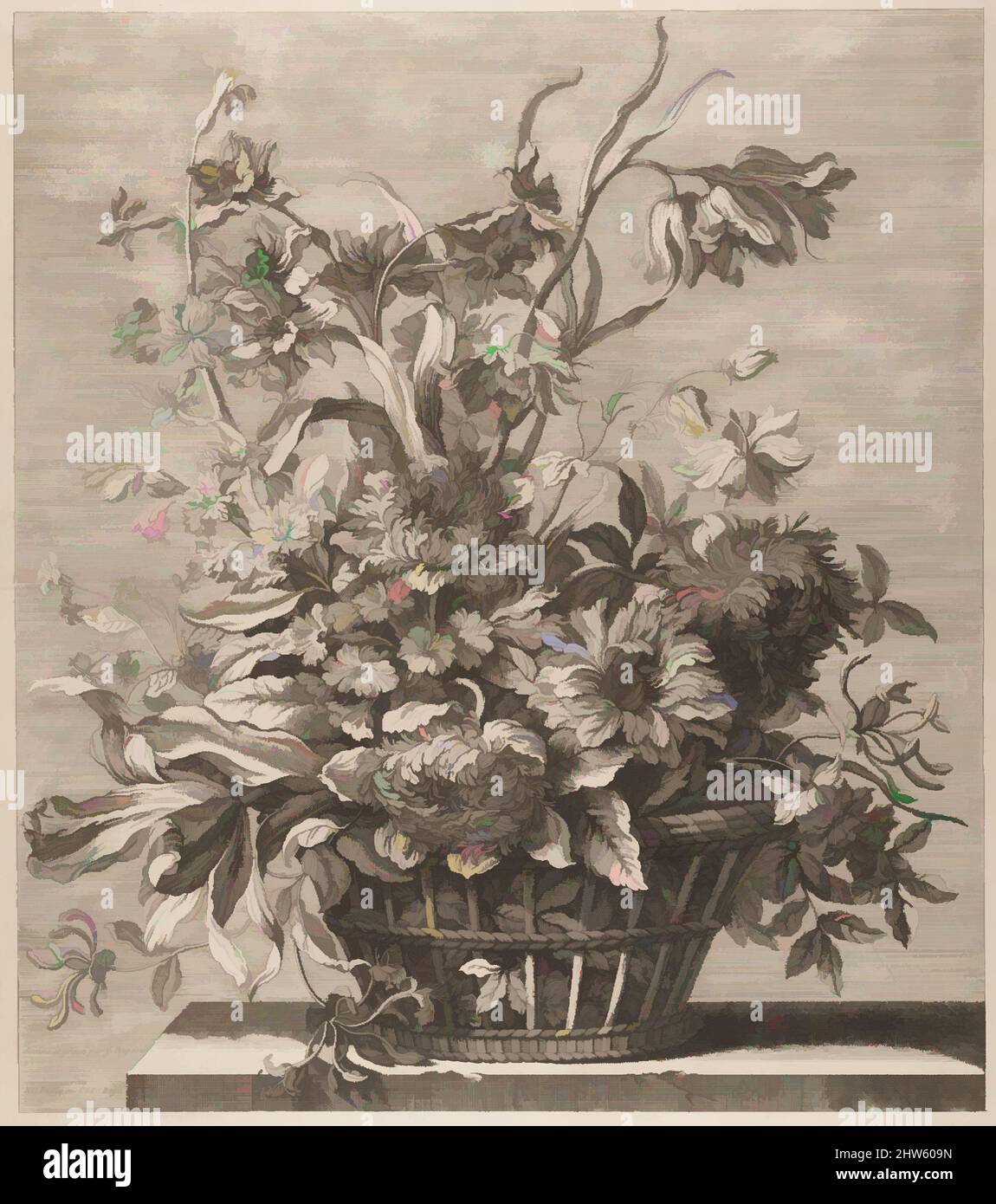 Art inspiré par Panier de fleurs du Livre de plusieurs paniers de fleurs, conçu et gravé par Baptiste Monnoyer (Livre de plusieurs Corbeilles de fleurs dessiné et gravé par Baptiste Monnoyer), 17th Century, Etching et gravure, estampes, Jean-Baptiste Monnoyer (français, Lille, œuvres classiques modernisées par Artotop avec une touche de modernité. Formes, couleur et valeur, impact visuel accrocheur sur l'art émotions par la liberté d'œuvres d'art d'une manière contemporaine. Un message intemporel qui cherche une nouvelle direction créative. Artistes qui se tournent vers le support numérique et créent le NFT Artotop Banque D'Images