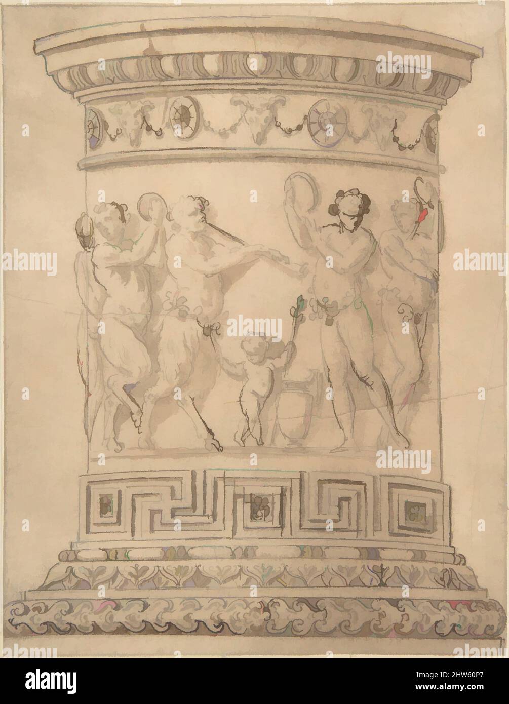 Art inspiré par le piédestal avec relief sculpture d'un Bacchanal avec des bordures ornementales., s.d., stylo et encre brune, pinceau et lavage brun, sur graphite sur papier brun clair lavé, feuille: 5 7/8 x 4 9/16 po. (15 x 11,6 cm), Anonyme, Italien, première moitié du 18th siècle ou début 19th, oeuvres classiques modernisées par Artotop avec une touche de modernité. Formes, couleur et valeur, impact visuel accrocheur sur l'art émotions par la liberté d'œuvres d'art d'une manière contemporaine. Un message intemporel qui cherche une nouvelle direction créative. Artistes qui se tournent vers le support numérique et créent le NFT Artotop Banque D'Images