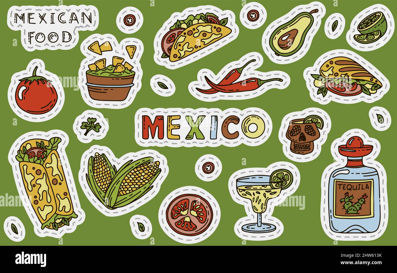 Cuisine mexicaine, set de nourriture Vector Doodle. Plats nationaux épicés, restauration rapide, en-cas. Illustration du restaurant, du menu, du café. Fiesta mexicana Illustration de Vecteur