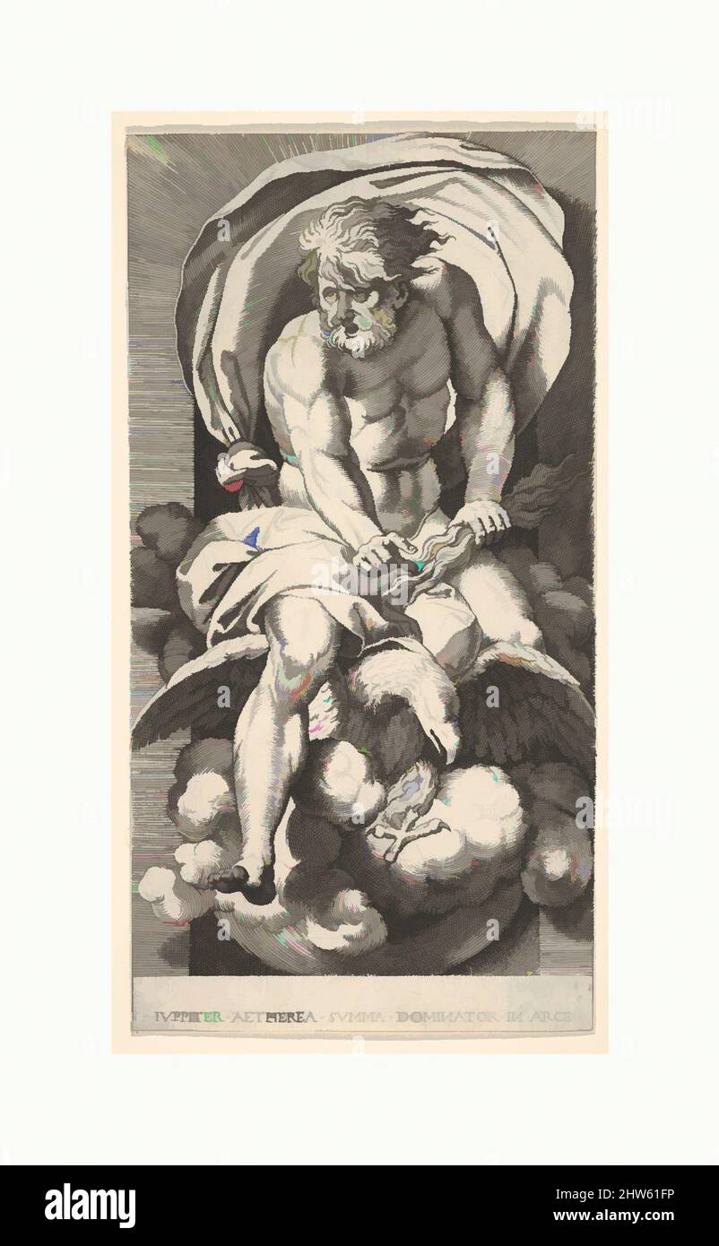 Art inspiré par la planche 3: Jupiter émergeant d'une niche, à cheval sur un aigle et tenant un coup de tonnerre dans sa main gauche, d'une série de dieux et déesses mythologiques, 1526, gravure, feuille: 8 1/4 × 4 5/16 po. (20,9 × 10,9 cm), Prints, Giovanni Jacopo Caraglio (italien, Parme ou Vérone, oeuvres classiques modernisées par Artotop avec une touche de modernité. Formes, couleur et valeur, impact visuel accrocheur sur l'art émotions par la liberté d'œuvres d'art d'une manière contemporaine. Un message intemporel qui cherche une nouvelle direction créative. Artistes qui se tournent vers le support numérique et créent le NFT Artotop Banque D'Images