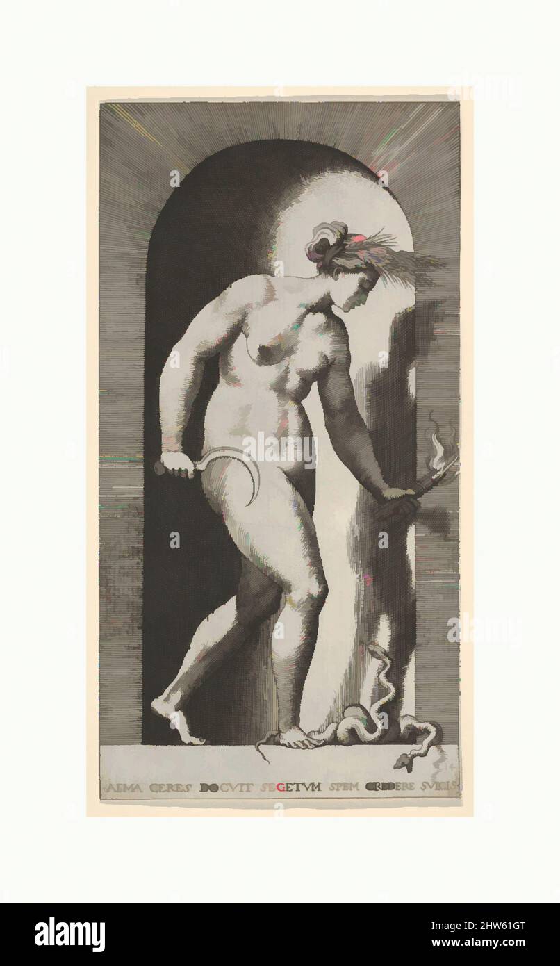 Art inspiré par la planche 14: Ceres dans une niche, face à droite, debout au-dessus d'un serpent à deux têtes et tenant une faucille demi-lune dans sa main droite et une torche dans sa main gauche, d'une série de dieux mythologiques et déesses, 1526, gravure, feuille: 8 3/16 × 4 5/16 po. (20,8 × 11 cm), tirages, oeuvres classiques modernisées par Artotop avec une touche de modernité. Formes, couleur et valeur, impact visuel accrocheur sur l'art émotions par la liberté d'œuvres d'art d'une manière contemporaine. Un message intemporel qui cherche une nouvelle direction créative. Artistes qui se tournent vers le support numérique et créent le NFT Artotop Banque D'Images
