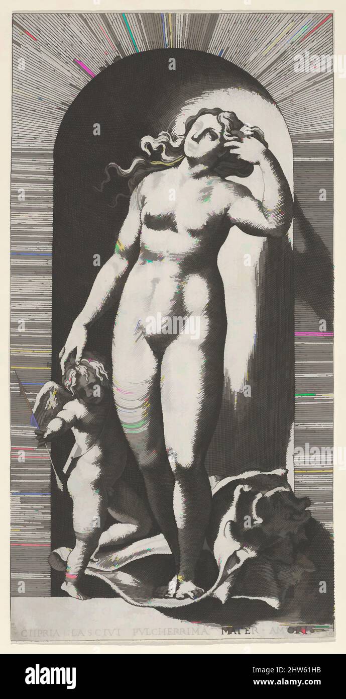 Art inspiré par la planche 10 : Vénus dans une niche, debout sur une coquille de conch, avec Cupid à sa droite, d'une série de dieux et déesses mythologiques, 1526, gravure, feuille : 8 1/4 × 4 5/16 po. (21 × 10,9 cm), empreintes, Giovanni Jacopo Caraglio (italien, Parme ou Vérone ca. 1500/1505–1565, œuvres classiques modernisées par Artotop avec une touche de modernité. Formes, couleur et valeur, impact visuel accrocheur sur l'art émotions par la liberté d'œuvres d'art d'une manière contemporaine. Un message intemporel qui cherche une nouvelle direction créative. Artistes qui se tournent vers le support numérique et créent le NFT Artotop Banque D'Images