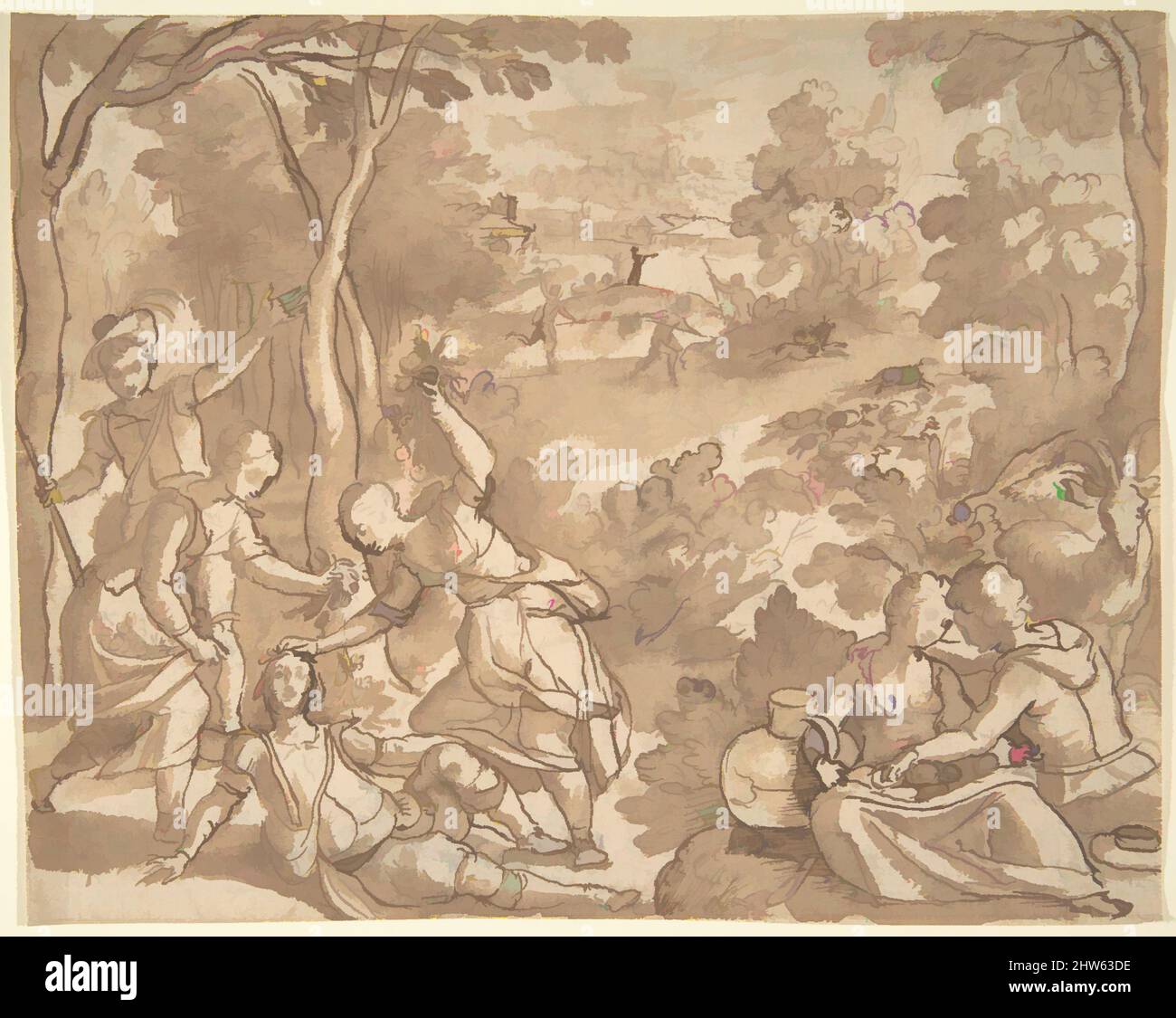 Art inspiré par Paysage avec amoureux et chasseurs, s.d., craie noire, stylo et encre marron et lavage brun, feuille : 7 1/16 x 8 13/16 po. (18 x 22,4 cm), dessins, Adam van Noort (flamand, Anvers 1561–1641 Anvers, oeuvres classiques modernisées par Artotop avec une touche de modernité. Formes, couleur et valeur, impact visuel accrocheur sur l'art émotions par la liberté d'œuvres d'art d'une manière contemporaine. Un message intemporel qui cherche une nouvelle direction créative. Artistes qui se tournent vers le support numérique et créent le NFT Artotop Banque D'Images