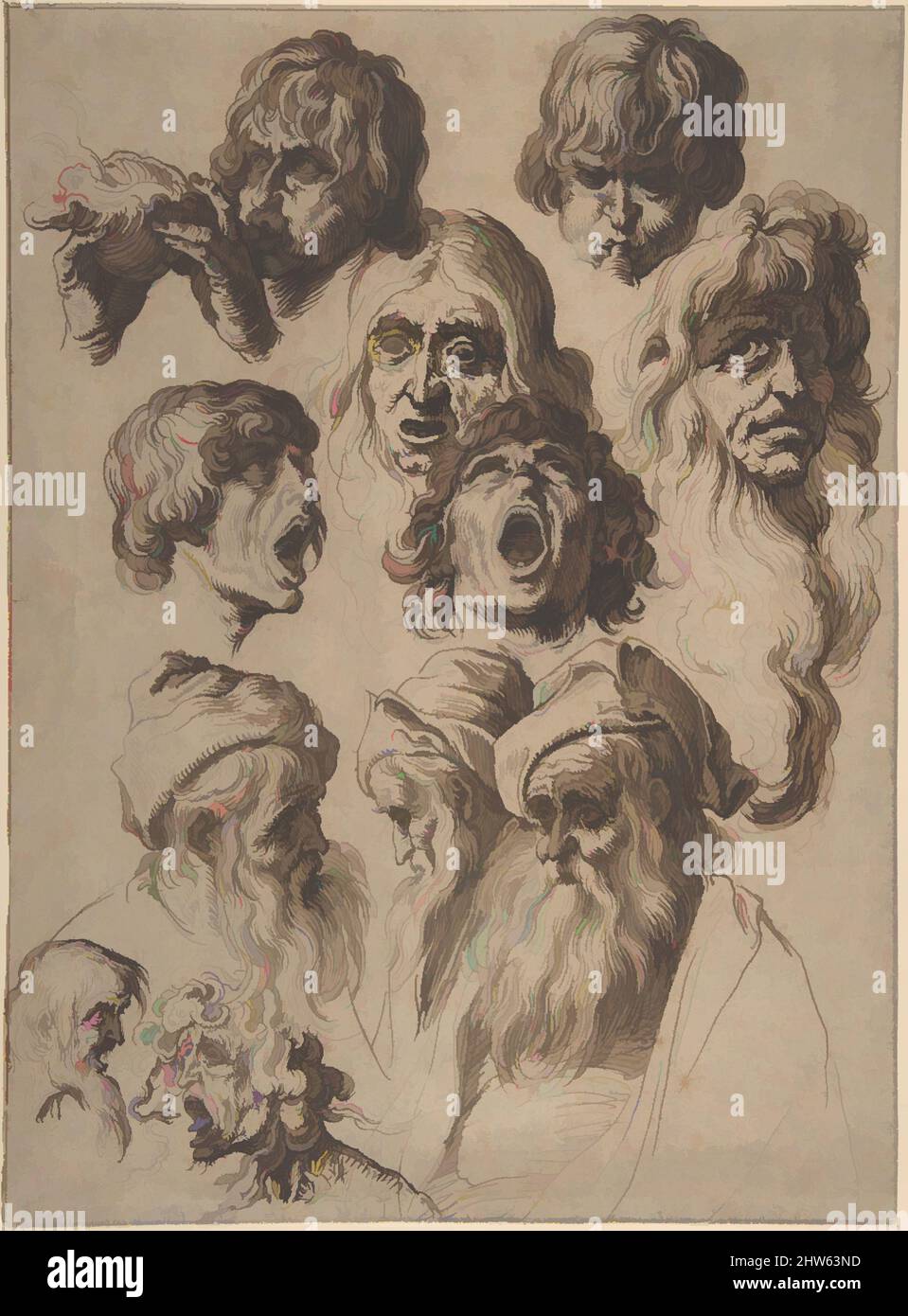 Art inspiré par l'étude de onze têtes, fin 16th–début 17th siècle, stylo et trois nuances d'encre brune avec craie noire sur papier cousu; lignes de charpente en encre brune et graphite, feuille: 12 1/2 x 9 3/16 po. (31,8 x 23,3 cm), dessins, Jacques de Gheyn II (Netherlandish, Anvers 1565–1629, oeuvres classiques modernisées par Artotop avec une touche de modernité. Formes, couleur et valeur, impact visuel accrocheur sur l'art émotions par la liberté d'œuvres d'art d'une manière contemporaine. Un message intemporel qui cherche une nouvelle direction créative. Artistes qui se tournent vers le support numérique et créent le NFT Artotop Banque D'Images