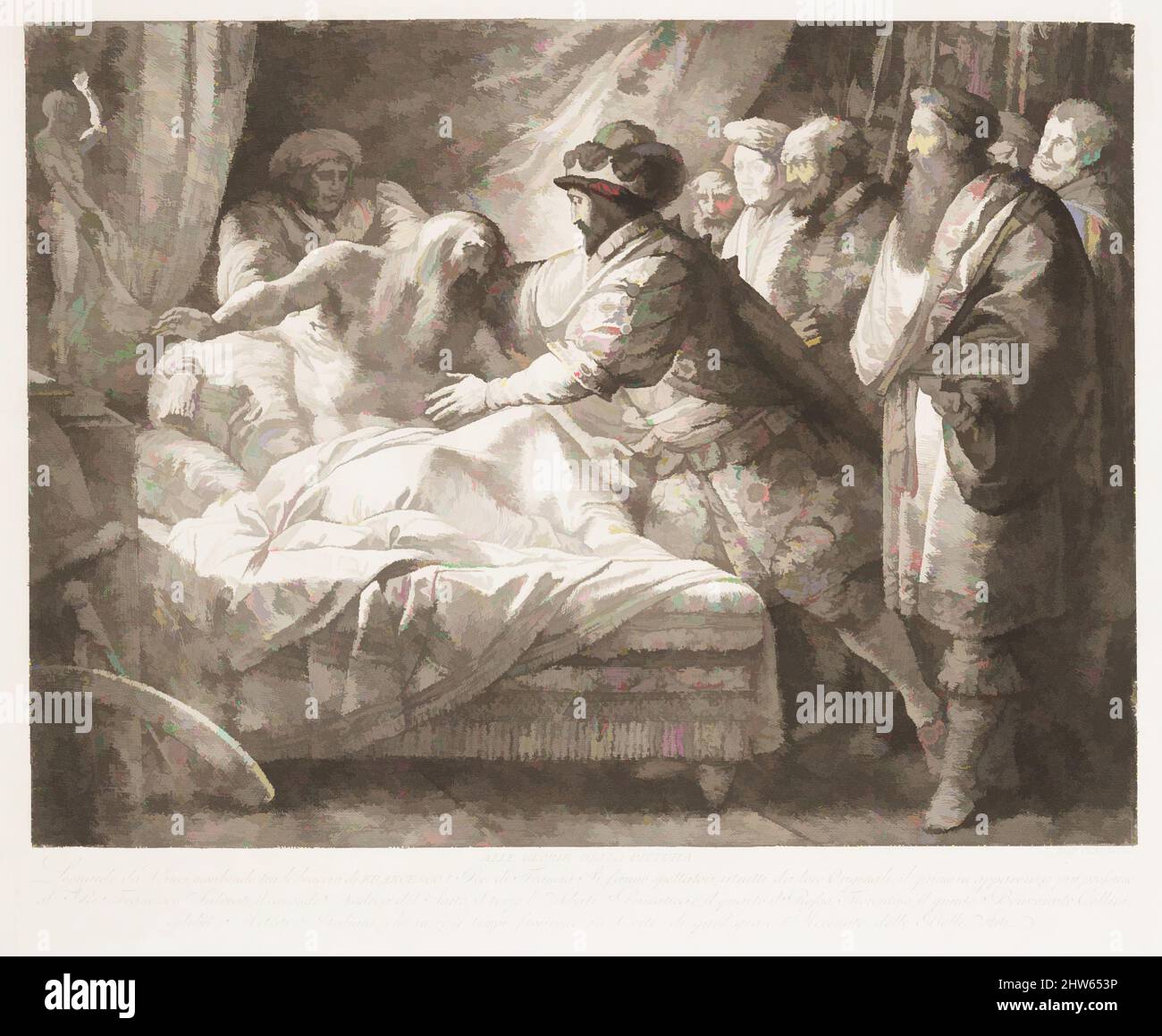 Art inspiré par Allegory of Painting (la mort de Léonard de Vinci), ca. 1780–99, Décapage, plaque : 17 13/16 x 21 7/8 po. (45,3 x 55,5 cm), Prints, Giuseppe Cades (Italien, Rome 1750–1799 Rome, oeuvres classiques modernisées par Artotop avec une touche de modernité. Formes, couleur et valeur, impact visuel accrocheur sur l'art émotions par la liberté d'œuvres d'art d'une manière contemporaine. Un message intemporel qui cherche une nouvelle direction créative. Artistes qui se tournent vers le support numérique et créent le NFT Artotop Banque D'Images
