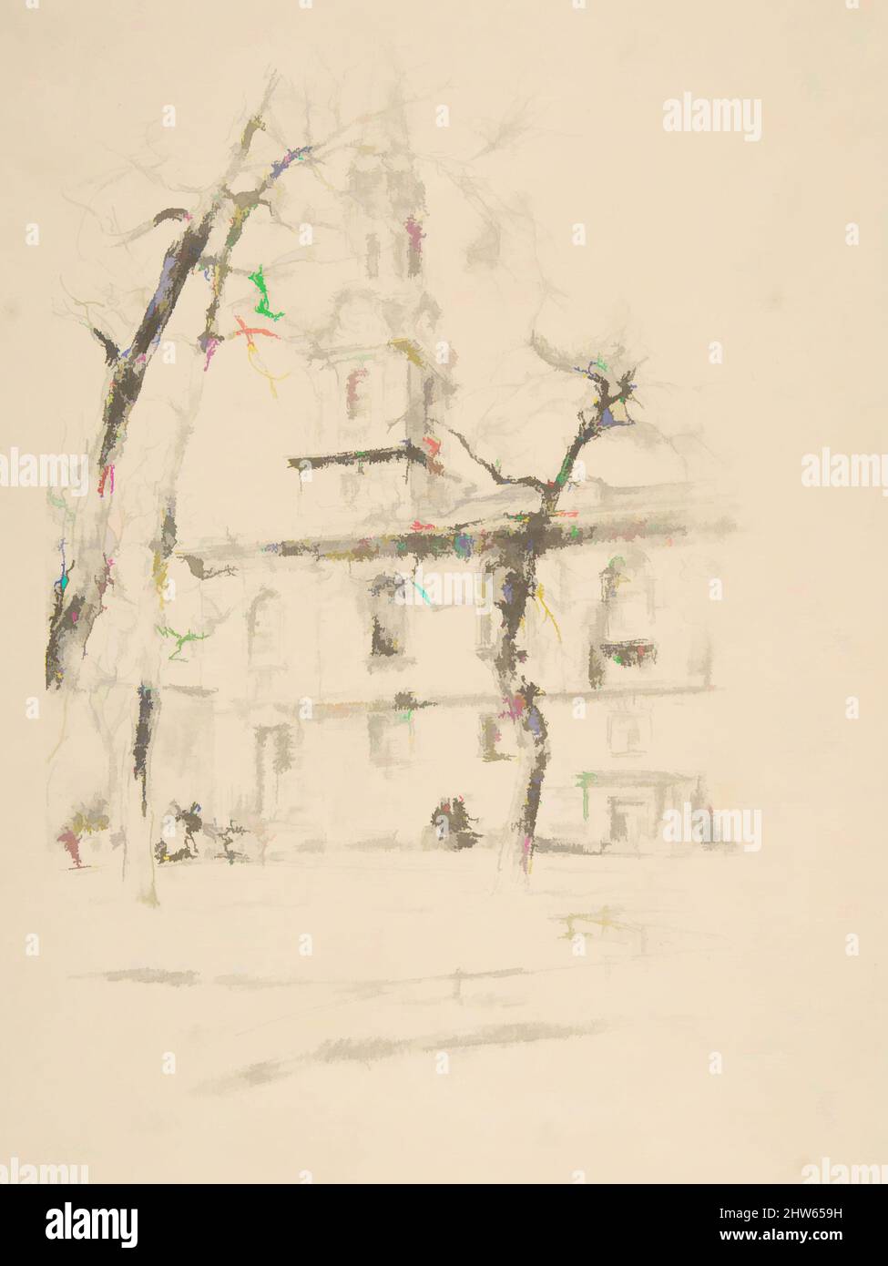 Art inspiré par St. Giles-in-the-Fields, 1896, lithographie de transfert avec trébuchement, tiré sur papier de transfert blanc avec une texture de pierre grainée; seul état (Chicago); imprimé à l'encre noire sur papier crème déposé d'un ancien livre, image: 8 9/16 × 5 9/16 po. (21,7 × 14,2 cm), tirages, oeuvres classiques modernisées par Artotop avec une touche de modernité. Formes, couleur et valeur, impact visuel accrocheur sur l'art émotions par la liberté d'œuvres d'art d'une manière contemporaine. Un message intemporel qui cherche une nouvelle direction créative. Artistes qui se tournent vers le support numérique et créent le NFT Artotop Banque D'Images