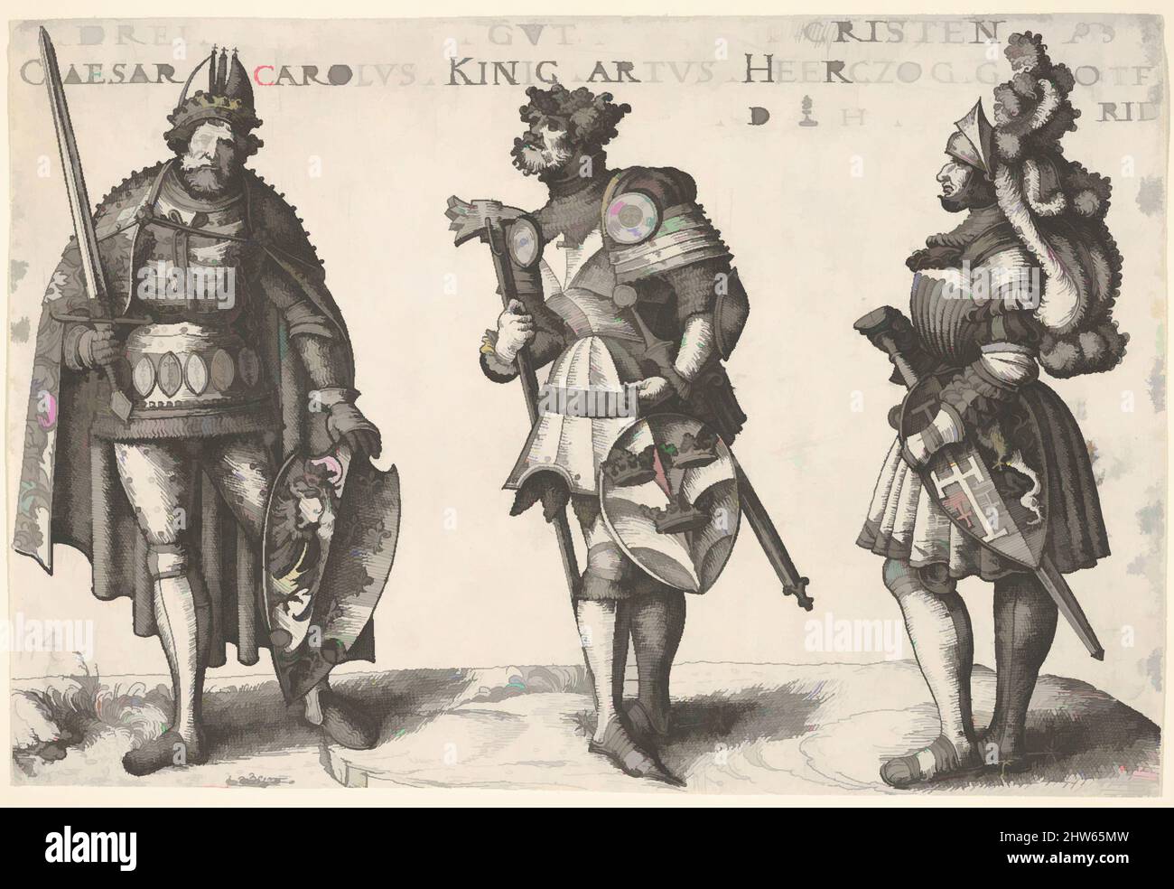 Art inspiré par trois chrétiens dignes : Charlemagne, le roi Arthur, et Geoffrey de Bouillon, ca. 1516, Décapage ; deuxième état de deux, feuille : 5 7/8 x 8 11/16 po. (15 x 22 cm), Prints, Daniel Hopfer (allemand, Kaufbeuren 1471–1536 Augsbourg), d'après Hans Burgkmair (allemand, Augsburg 1473–1531, oeuvres classiques modernisées par Artotop avec un peu de modernité. Formes, couleur et valeur, impact visuel accrocheur sur l'art émotions par la liberté d'œuvres d'art d'une manière contemporaine. Un message intemporel qui cherche une nouvelle direction créative. Artistes qui se tournent vers le support numérique et créent le NFT Artotop Banque D'Images