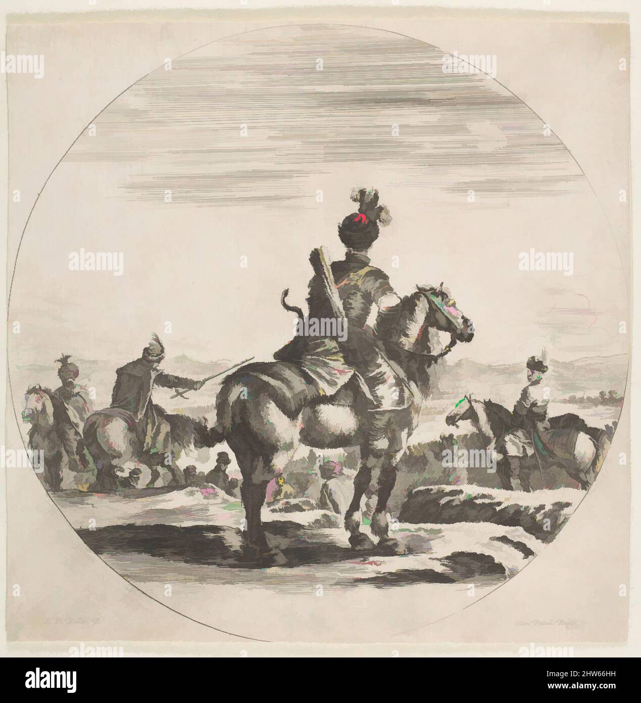 Art inspiré par l'cavalier polonais avec un arc et une flèche, vu de derrière avec son cheval face à droite, une composition circulaire, de 'Figures on Horseback' (Cavaliers nègres, polonais et hongrois), ca. 1651, Décapage, feuille : 7 5/16 × 7 5/16 po. (18,5 × 18,5 cm), Prints, Stefano della Bella, oeuvres classiques modernisées par Artotop avec une touche de modernité. Formes, couleur et valeur, impact visuel accrocheur sur l'art émotions par la liberté d'œuvres d'art d'une manière contemporaine. Un message intemporel qui cherche une nouvelle direction créative. Artistes qui se tournent vers le support numérique et créent le NFT Artotop Banque D'Images