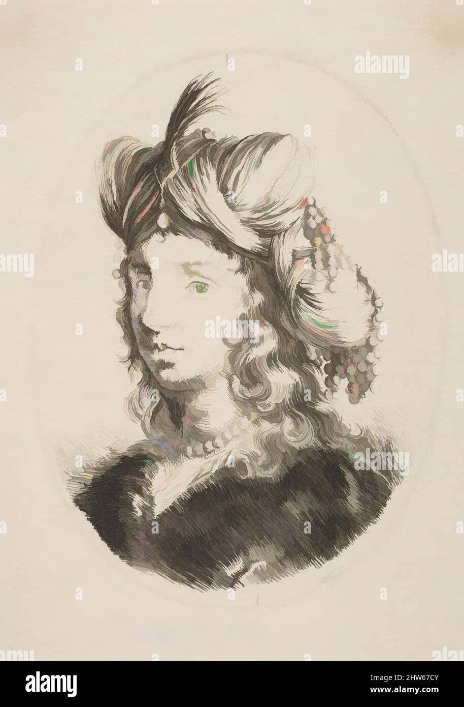 Art inspiré par Sultana portant un collier de perles et un turban, de  'têtes persistantes dans le style perse' (plusieurs têtes coiffées à la  persienne), 1649–50, Etching; deuxième état de deux, plaque: