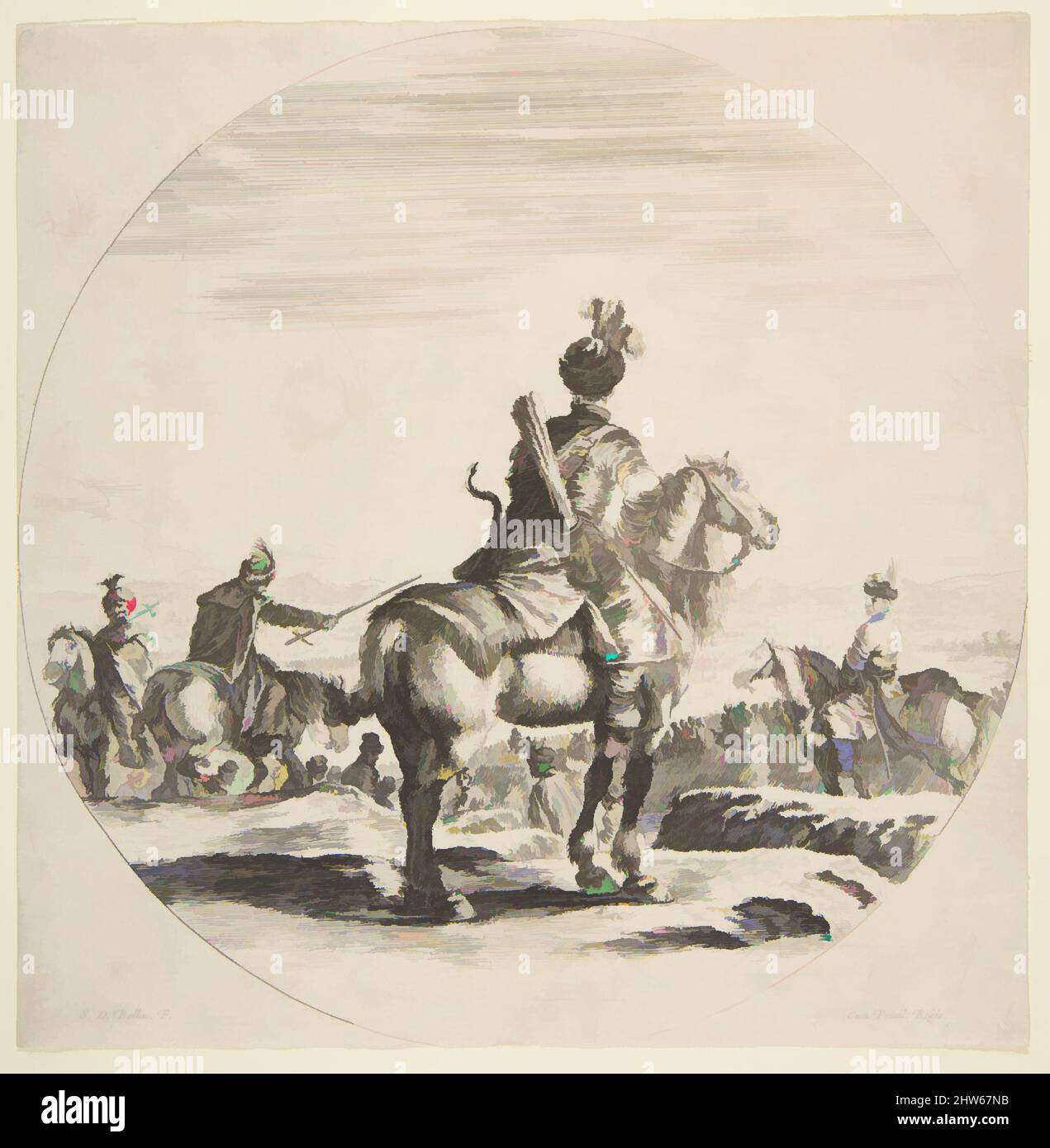 Art inspiré par l'cavalier polonais avec un arc et une flèche, vu de derrière avec son cheval face à droite, une composition circulaire, de 'Figures on Horseback' (Cavaliers nègres, polonais et hongrois), ca. 1651, Décapage, feuille (découpée sur plaque) : 7 3/8 × 7 3/16 po. (18,7 × 18,3 cm), tirages, oeuvres classiques modernisées par Artotop avec une touche de modernité. Formes, couleur et valeur, impact visuel accrocheur sur l'art émotions par la liberté d'œuvres d'art d'une manière contemporaine. Un message intemporel qui cherche une nouvelle direction créative. Artistes qui se tournent vers le support numérique et créent le NFT Artotop Banque D'Images