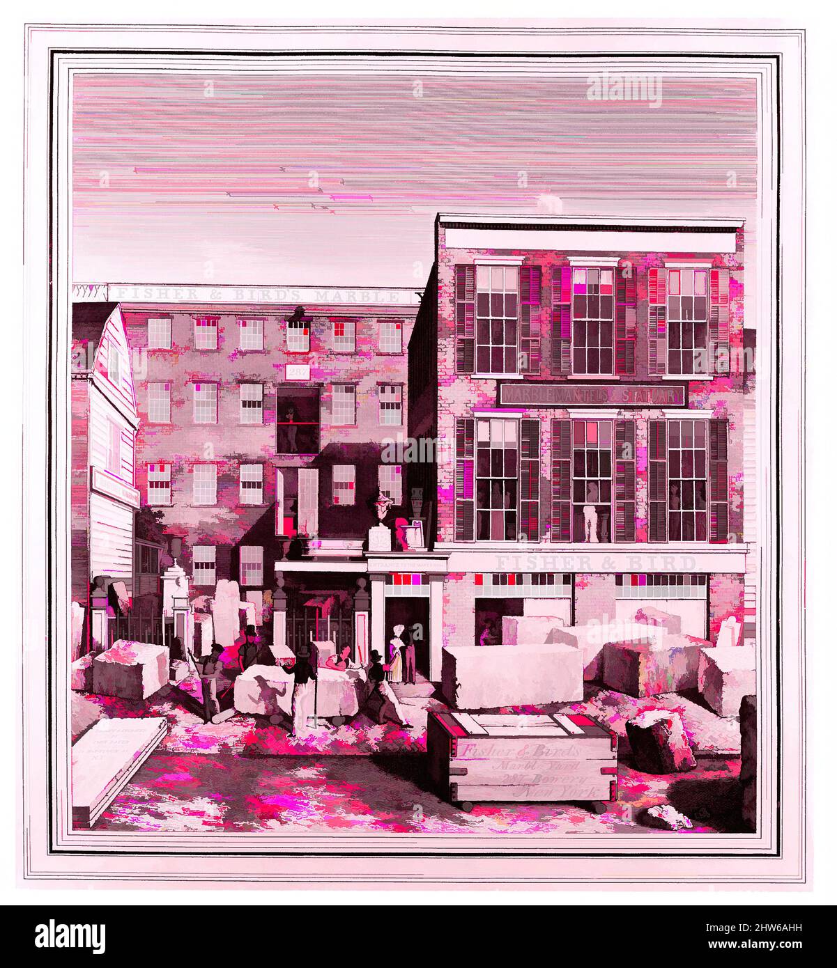 Art inspiré par Fisher & Bird's Marble Yard, 287 Bowery, New York, Californie 1836, gravure, image : 9 7/8 x 8 7/8 cm (25,1 x 22,5 cm), Prints, John Baker (américain, actif 1830–40, œuvres classiques modernisées par Artotop avec une touche de modernité. Formes, couleur et valeur, impact visuel accrocheur sur l'art émotions par la liberté d'œuvres d'art d'une manière contemporaine. Un message intemporel qui cherche une nouvelle direction créative. Artistes qui se tournent vers le support numérique et créent le NFT Artotop Banque D'Images