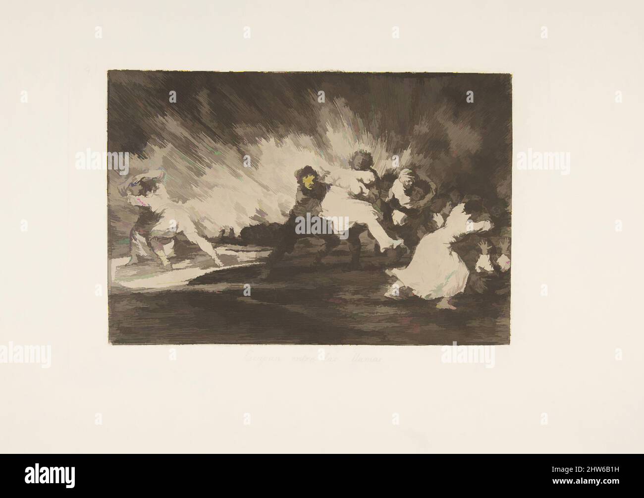 Art inspiré par la planche 41 de 'les désastres de la guerre' (Los Desastres de la Guerra): 'Ils s'échappent par les flammes' (Escapan entre las lamas), 1810 (publié en 1863), Etching et burin, plaque: 6 1/4 × 9 3/16 in. (15,9 × 23,4 cm), Prints, Goya (Francisco de Goya y Lucientes) (espagnol, oeuvres classiques modernisées par Artotop avec une touche de modernité. Formes, couleur et valeur, impact visuel accrocheur sur l'art émotions par la liberté d'œuvres d'art d'une manière contemporaine. Un message intemporel qui cherche une nouvelle direction créative. Artistes qui se tournent vers le support numérique et créent le NFT Artotop Banque D'Images