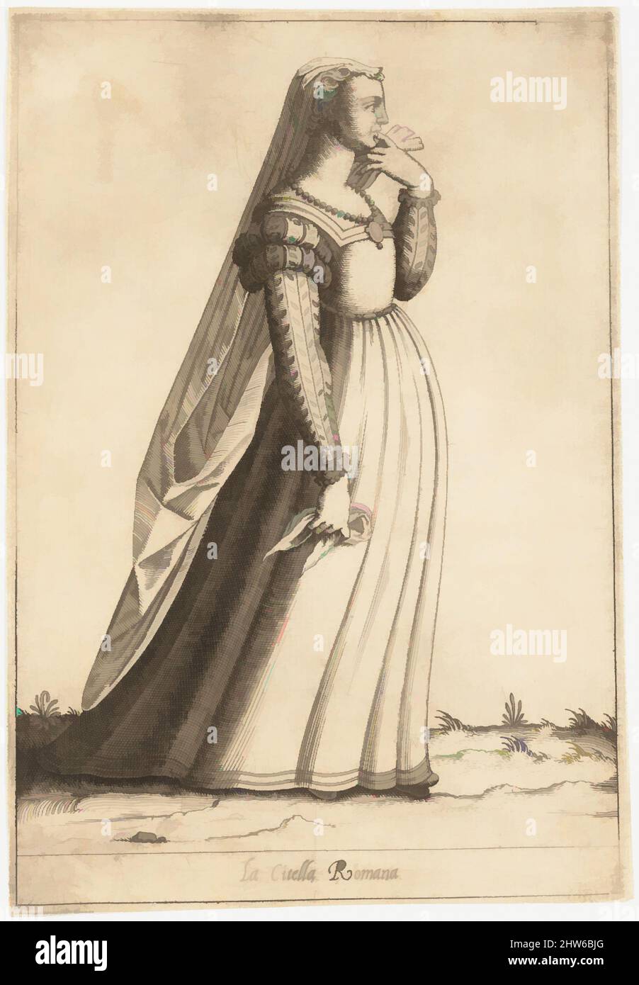 Art inspiré par la Citella Romana (Maiden), ca. 1580, gravure, feuille : 9 x 6 3/16 po. (22,9 x 15,7 cm), tirages, attribués à Pietro Bertelli (italien, active Padoue, ca. 1571–1621), ces gravures illustrant les costumes des femmes romaines de différentes stations de vie rappellent les œuvres classiques modernisées par Artotop avec un peu de modernité. Formes, couleur et valeur, impact visuel accrocheur sur l'art émotions par la liberté d'œuvres d'art d'une manière contemporaine. Un message intemporel qui cherche une nouvelle direction créative. Artistes qui se tournent vers le support numérique et créent le NFT Artotop Banque D'Images