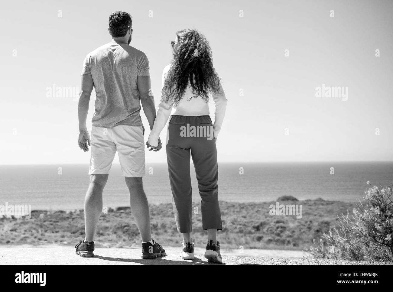jeune homme et femme tenant les mains regardant la mer du dessus, vue arrière, amour Banque D'Images