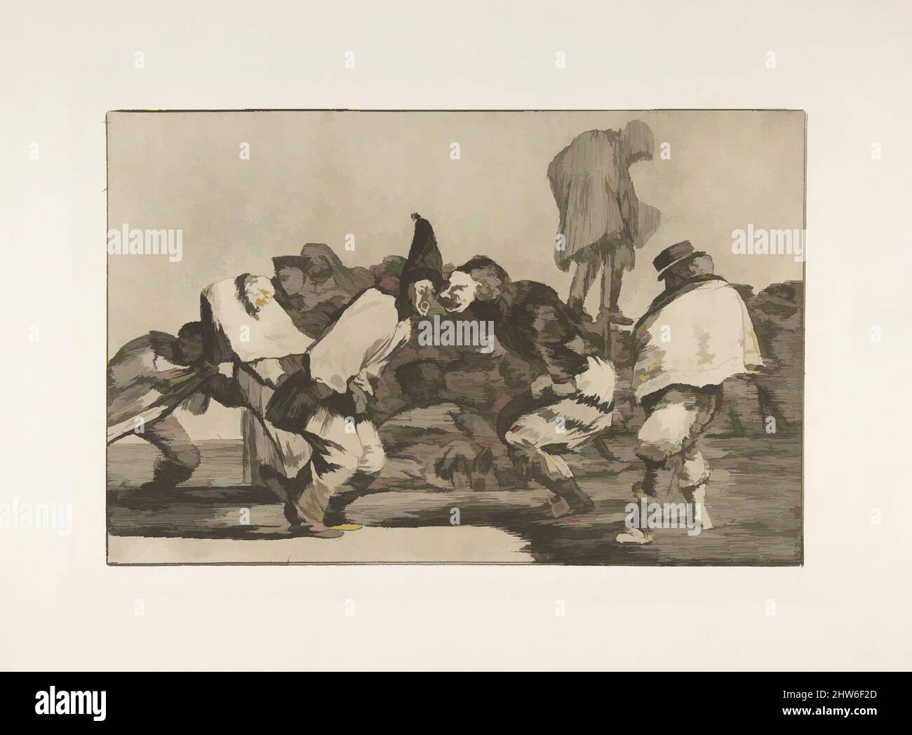 Art inspiré par la planche 14 des 'Disparates' : Carnival Folly, CA. 1816–23 (publié en 1864), Etching et aquatint, plaque : 9 5/8 × 13 3/4 po. (24,5 × 35 cm), gravures, Goya (Francisco de Goya y Lucientes) (espagnol, Fuendetodos 1746–1828 Bordeaux), cette gravure a été interprétée comme une œuvre classique modernisée par Artotop avec un peu de modernité. Formes, couleur et valeur, impact visuel accrocheur sur l'art émotions par la liberté d'œuvres d'art d'une manière contemporaine. Un message intemporel qui cherche une nouvelle direction créative. Artistes qui se tournent vers le support numérique et créent le NFT Artotop Banque D'Images