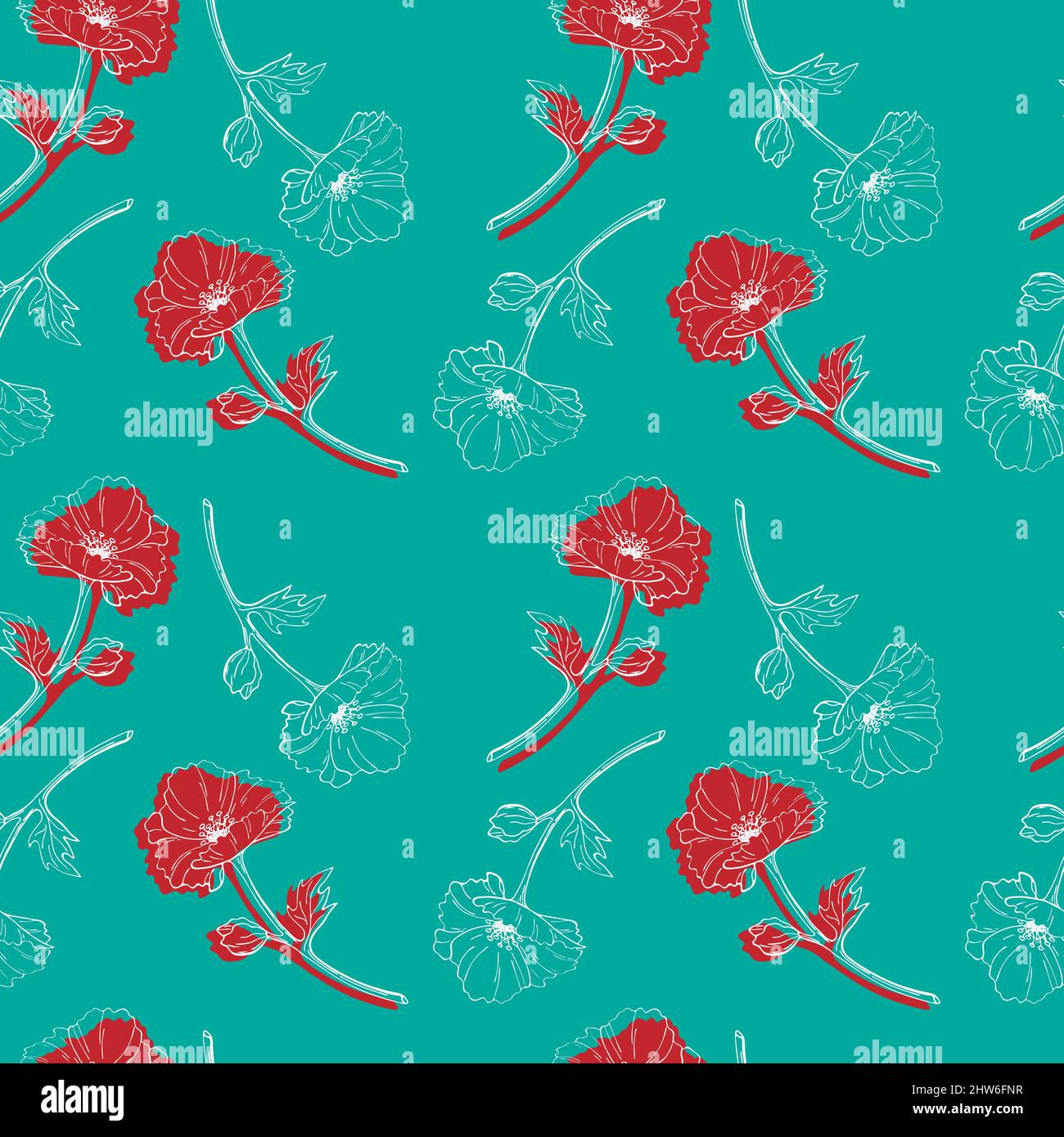 Fond bleu sans couture avec fleurs et feuilles rouges et bleues. Imprimez avec des coquelicots. Illustration vectorielle. Illustration vectorielle Illustration de Vecteur