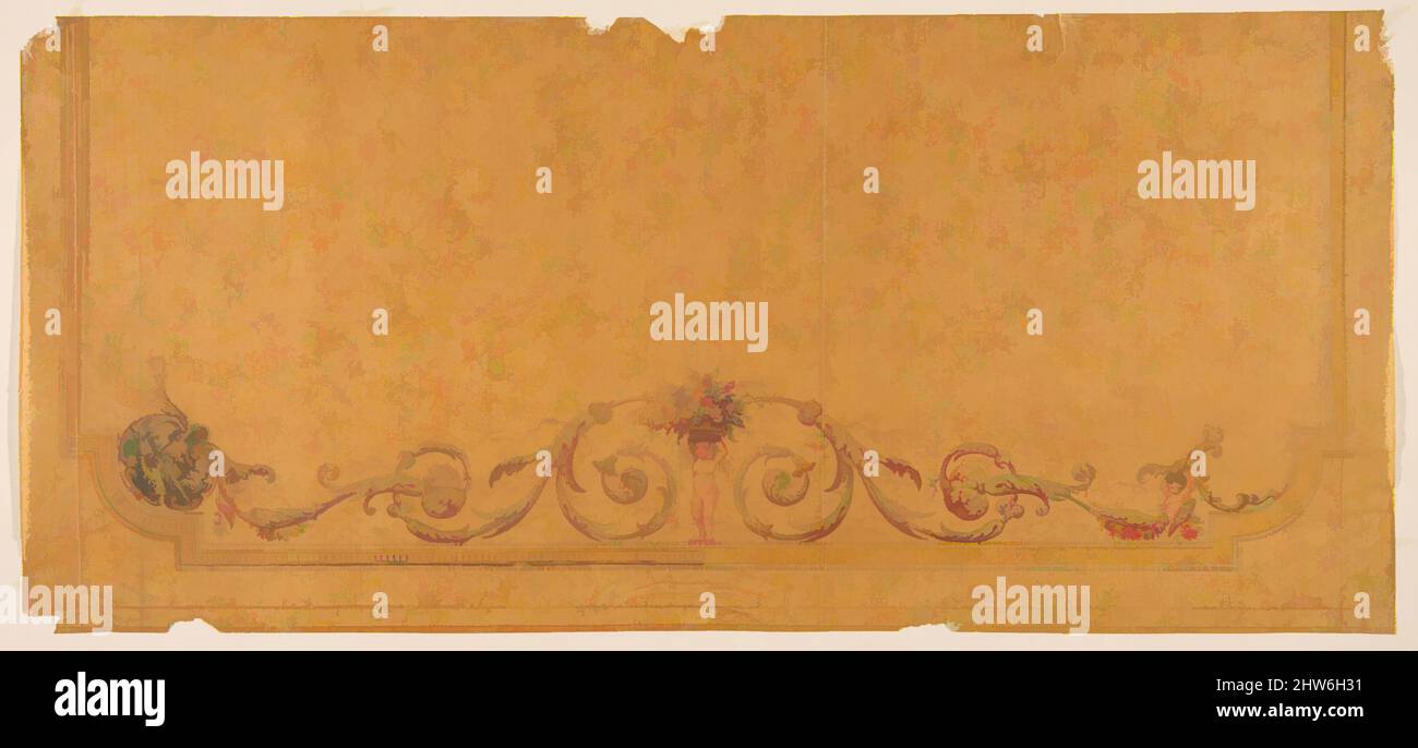 Art inspiré par le design pour la bordure décorative à un plafond avec un putto portant un panier de fleurs, 1830–97, graphite et aquarelle sur papier vélin; monté sur carton, dessins, Jules-Edmond-Charles Lachaise (français, mort en 1897), Eugène-Pierre Gourdet (français, né Paris, 1820, oeuvres classiques modernisées par Artotop avec une touche de modernité. Formes, couleur et valeur, impact visuel accrocheur sur l'art émotions par la liberté d'œuvres d'art d'une manière contemporaine. Un message intemporel qui cherche une nouvelle direction créative. Artistes qui se tournent vers le support numérique et créent le NFT Artotop Banque D'Images