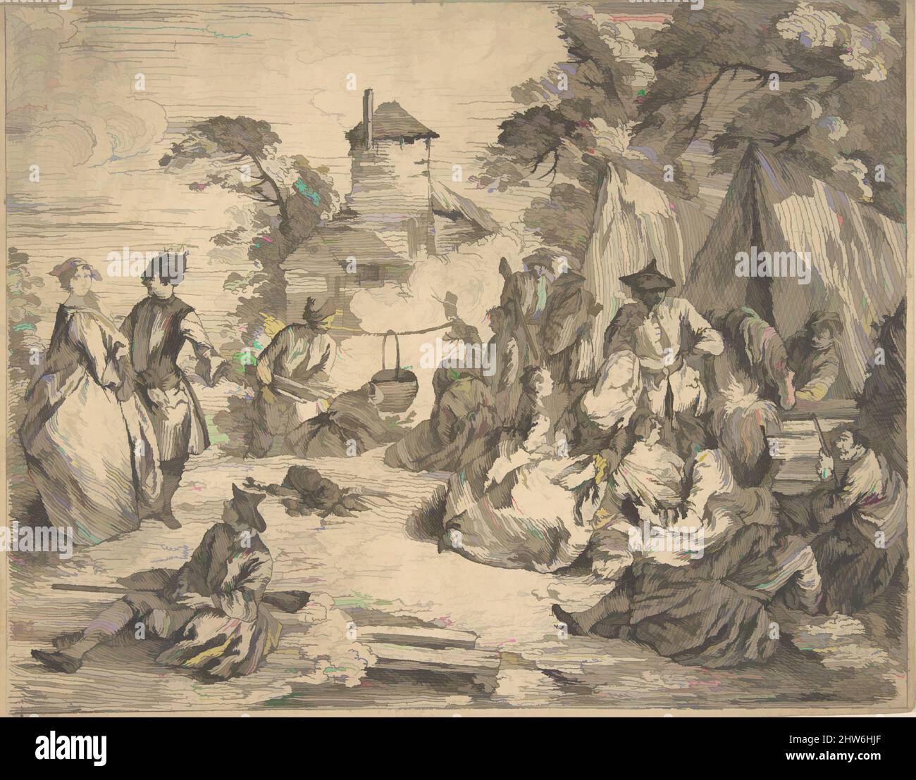 Art inspiré par Halte des troupes (soldats et femmes dans un campement), 18th siècle, Etching, feuille: 6 7/8 x 8 3/4 po. (17,5 x 22,2 cm), gravures, attribuées à Jean-Baptiste Joseph Pater (français, Valenciennes 1695–1736 Paris, oeuvres classiques modernisées par Artotop avec une touche de modernité. Formes, couleur et valeur, impact visuel accrocheur sur l'art émotions par la liberté d'œuvres d'art d'une manière contemporaine. Un message intemporel qui cherche une nouvelle direction créative. Artistes qui se tournent vers le support numérique et créent le NFT Artotop Banque D'Images