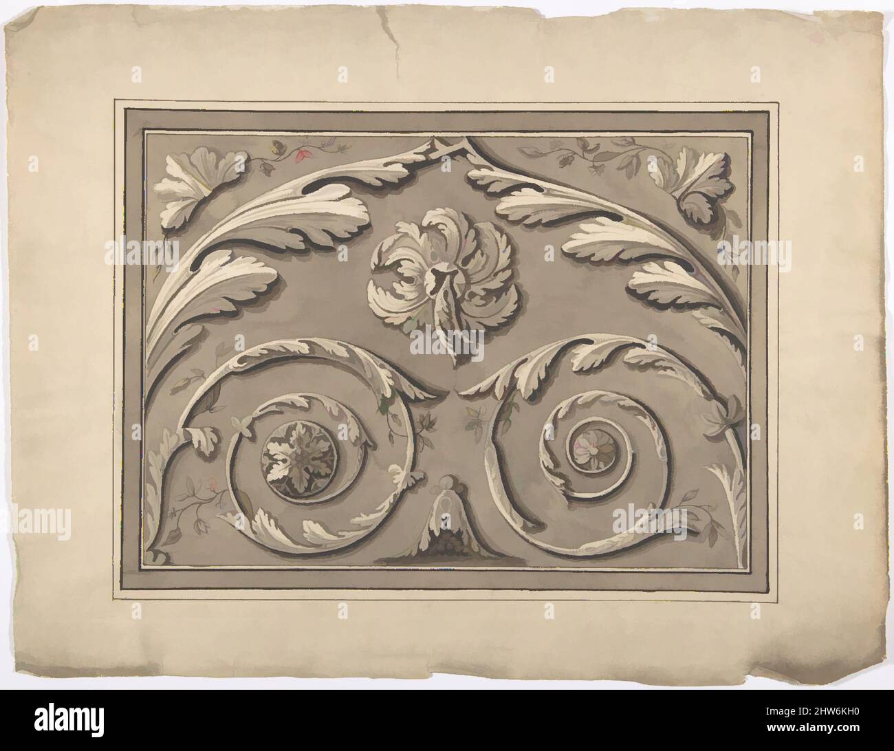 Art inspiré par le design pour un panneau oblong sculpté avec le feuillage, 1822, encre et lavage brun, feuille: 10 x 13 po. (25,4 x 33 cm), Anonyme, Britannique, 19th siècle, oeuvres classiques modernisées par Artotop avec un peu de modernité. Formes, couleur et valeur, impact visuel accrocheur sur l'art émotions par la liberté d'œuvres d'art d'une manière contemporaine. Un message intemporel qui cherche une nouvelle direction créative. Artistes qui se tournent vers le support numérique et créent le NFT Artotop Banque D'Images