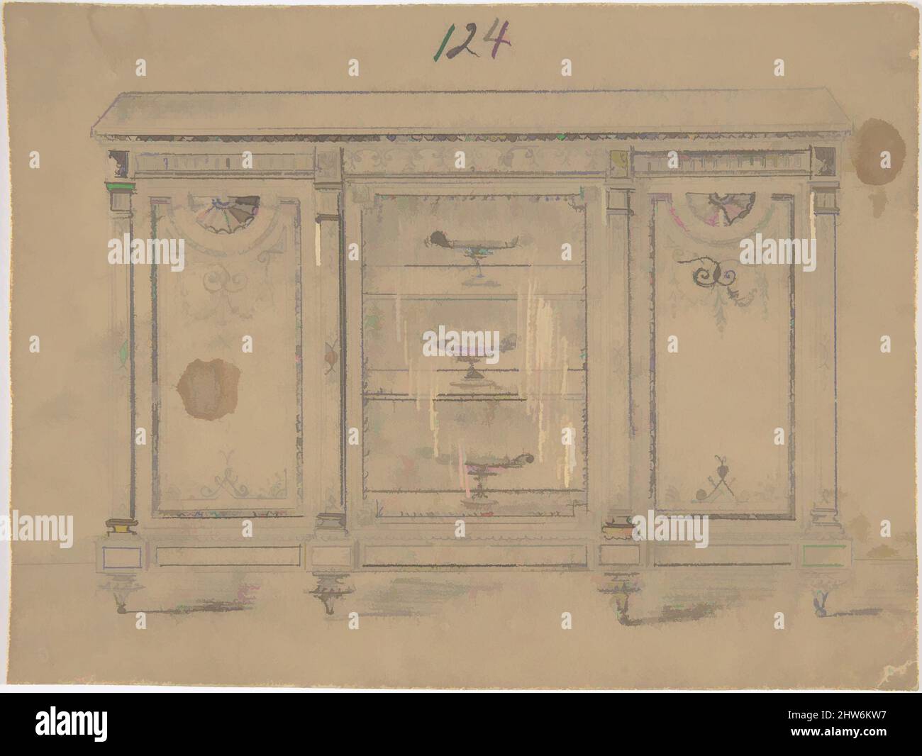 Art inspiré par le design d'armoire avec porte centrale en verre, 19th Century, Graphite, aquarelle et rayures sur le sol beige, feuille: 5 1/16 x 6 3/4 po. (12,9 x 17,2 cm), Anonyme, Britannique, 19th siècle, oeuvres classiques modernisées par Artotop avec un peu de modernité. Formes, couleur et valeur, impact visuel accrocheur sur l'art émotions par la liberté d'œuvres d'art d'une manière contemporaine. Un message intemporel qui cherche une nouvelle direction créative. Artistes qui se tournent vers le support numérique et créent le NFT Artotop Banque D'Images