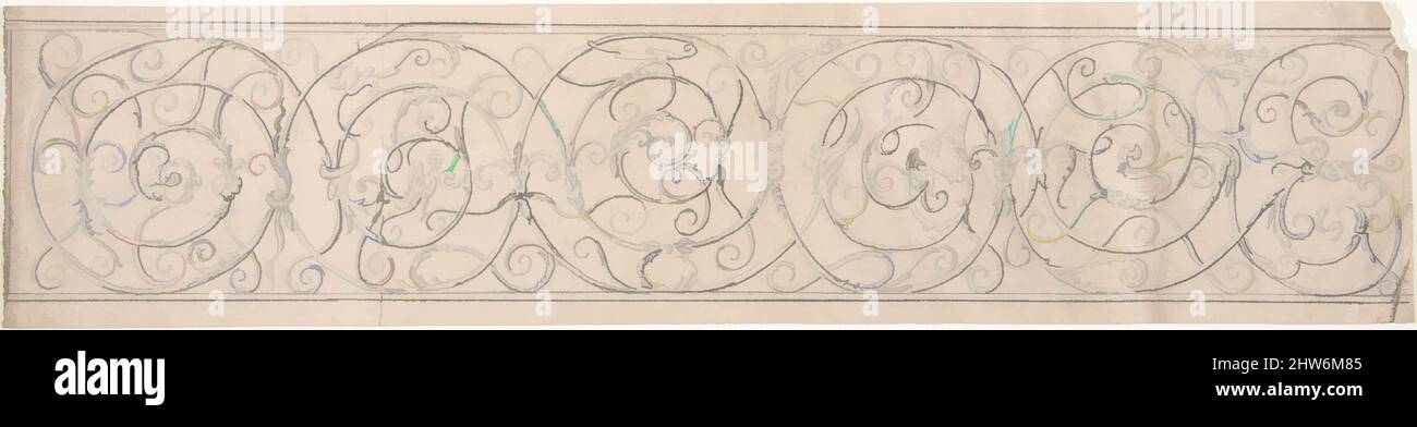 Art inspiré par panneau de métal curviligne ornement orné de masques et de figures ailées, deuxième moitié du 19th siècle, graphite, feuille: 2 15/16 x 13 po. (7,5 x 33 cm), Anonyme, Britannique, 19th siècle, oeuvres classiques modernisées par Artotop avec un peu de modernité. Formes, couleur et valeur, impact visuel accrocheur sur l'art émotions par la liberté d'œuvres d'art d'une manière contemporaine. Un message intemporel qui cherche une nouvelle direction créative. Artistes qui se tournent vers le support numérique et créent le NFT Artotop Banque D'Images