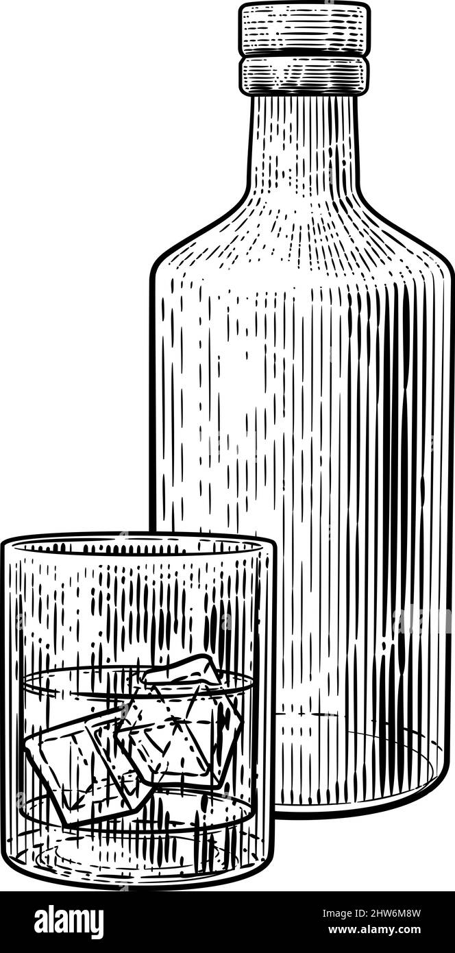 Bouteille et verre avec glace, dessin d'époque Illustration de Vecteur