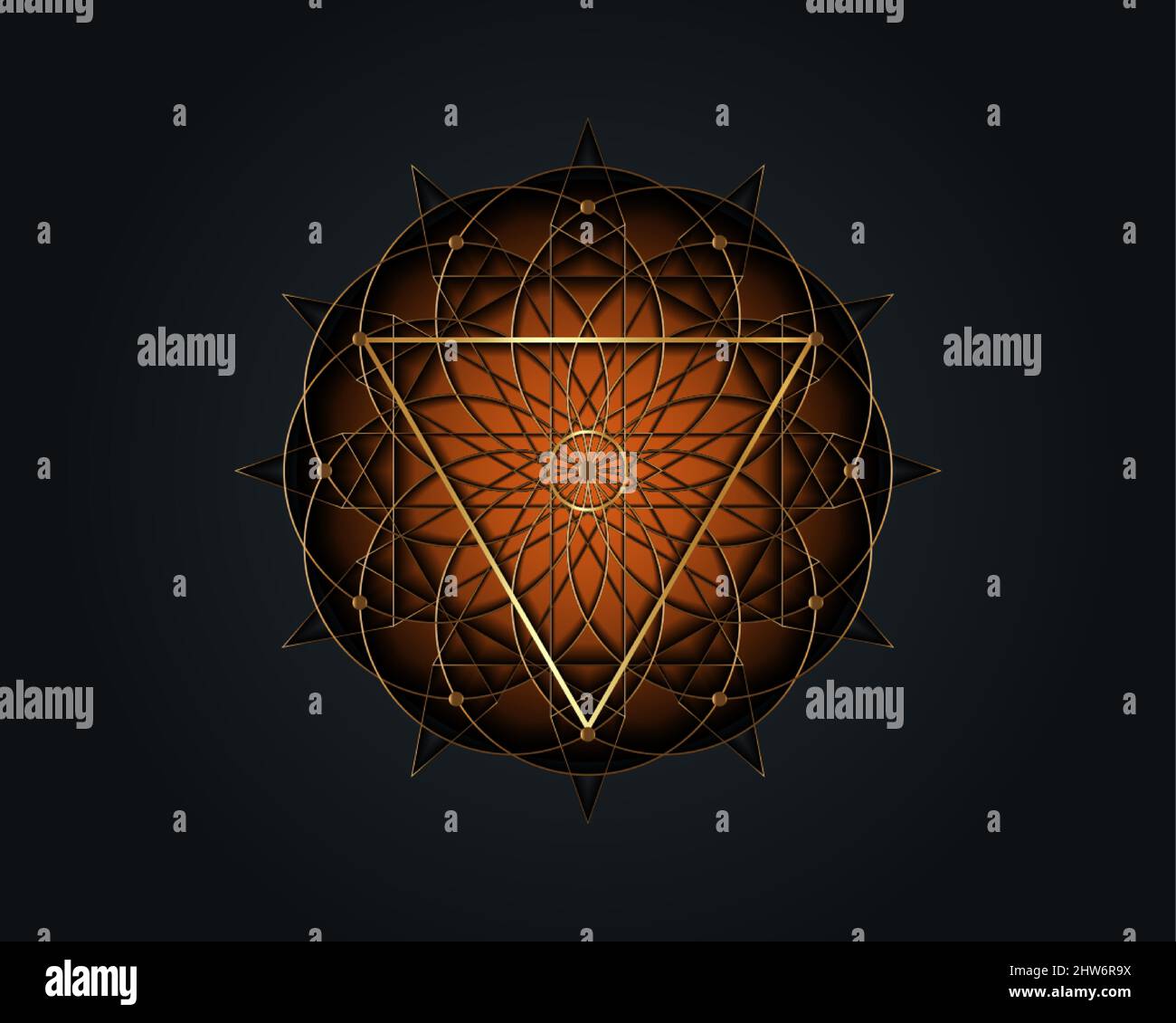 Triangle magique de géométrie sacrée, troisième signe de l'œil. Mandala mystique géométrique de la fleur ésotérique alchimie de la vie. Or ligne art vecteur cercle divin Illustration de Vecteur