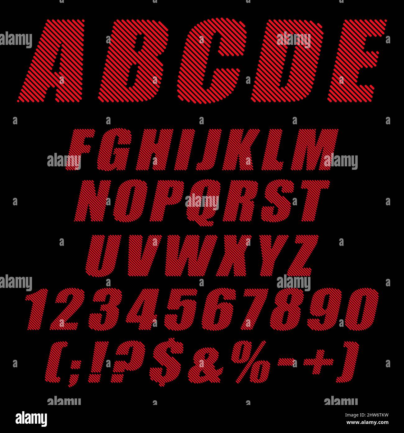Alphabet, lettres, chiffres et signes de bandes rouges. Objets vectoriels isolés sur fond noir. Illustration de Vecteur