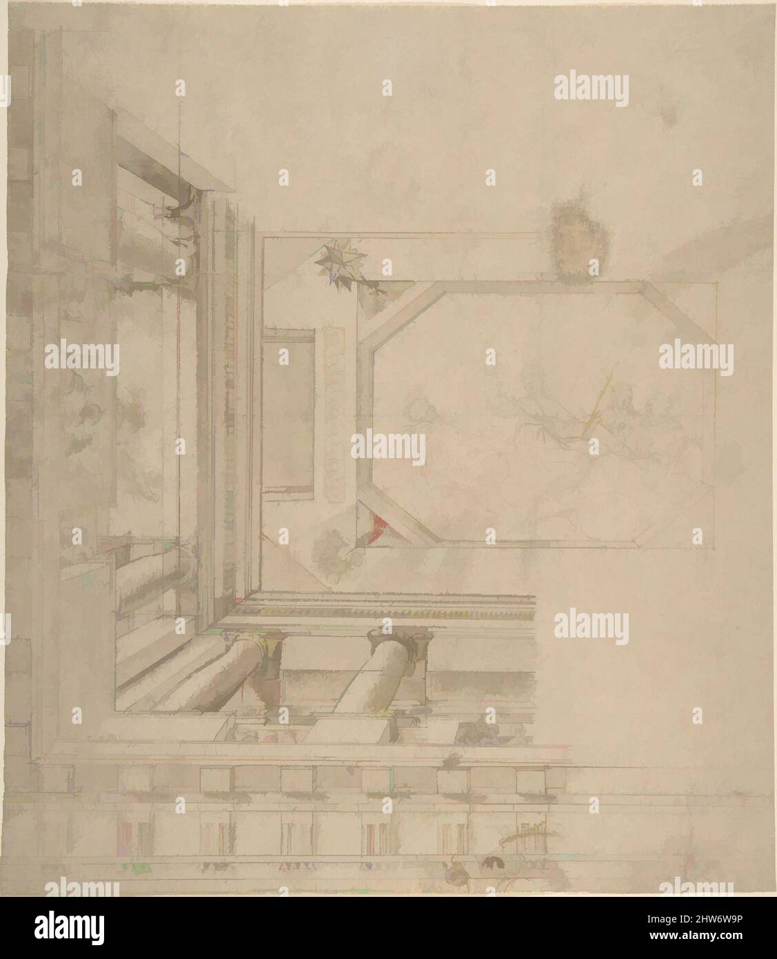 Art inspiré par l'élévation architecturale, partie d'un plafond et balustrade, 1600–1800, Pen et bistre, Wash, 11-1/2 x 10 in, dessins, Anonyme, Italien, 17th ou 18th siècle, oeuvres classiques modernisées par Artotop avec une touche de modernité. Formes, couleur et valeur, impact visuel accrocheur sur l'art émotions par la liberté d'œuvres d'art d'une manière contemporaine. Un message intemporel qui cherche une nouvelle direction créative. Artistes qui se tournent vers le support numérique et créent le NFT Artotop Banque D'Images