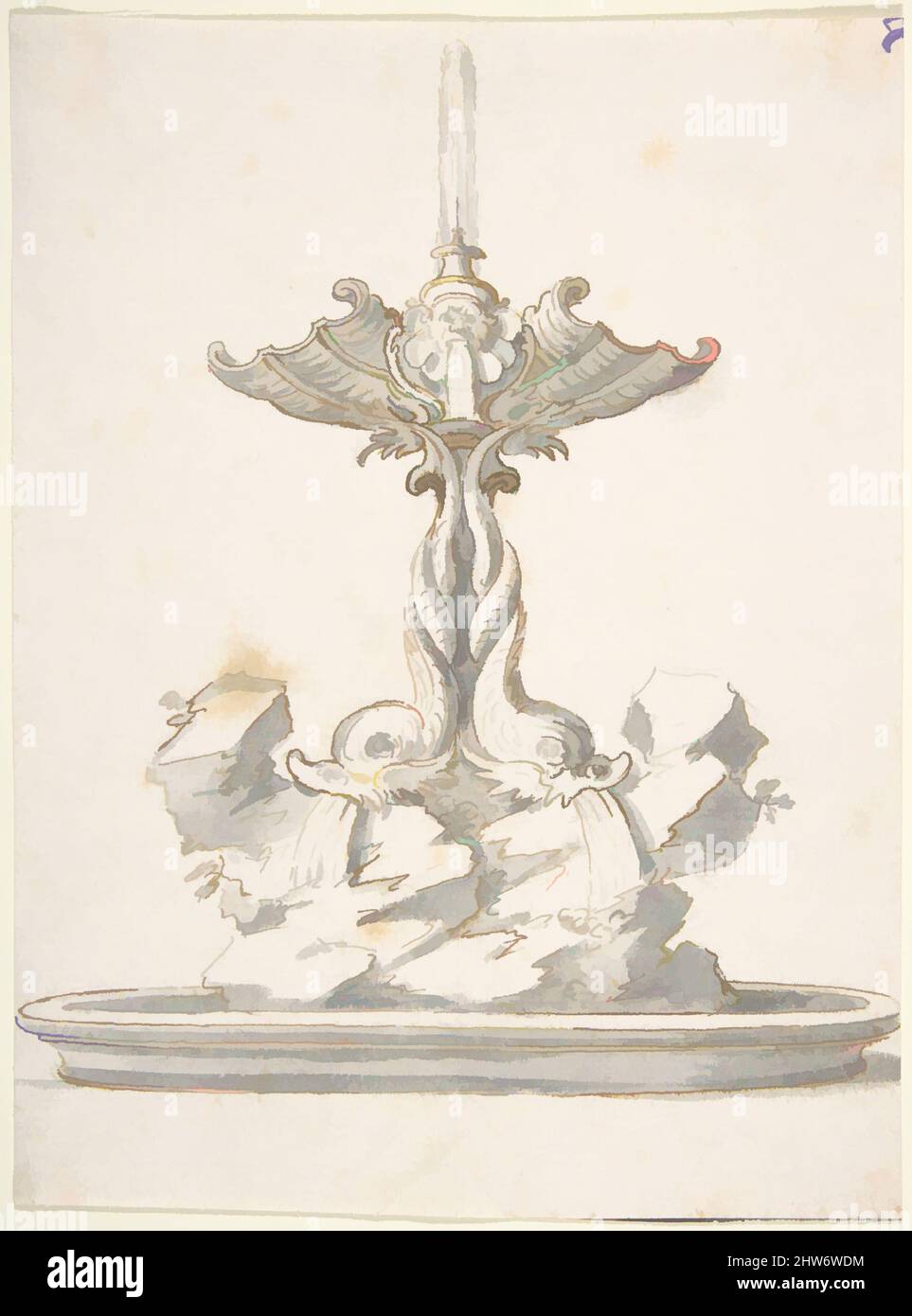 Art inspiré par le design pour Fontaine avec dauphins et tête grotesque, 18th Century, stylo et lavage gris, 7-1/16 x 5-1/4 in, Anonyme, Italien, 18th Century, oeuvres classiques modernisées par Artotop avec une touche de modernité. Formes, couleur et valeur, impact visuel accrocheur sur l'art émotions par la liberté d'œuvres d'art d'une manière contemporaine. Un message intemporel qui cherche une nouvelle direction créative. Artistes qui se tournent vers le support numérique et créent le NFT Artotop Banque D'Images