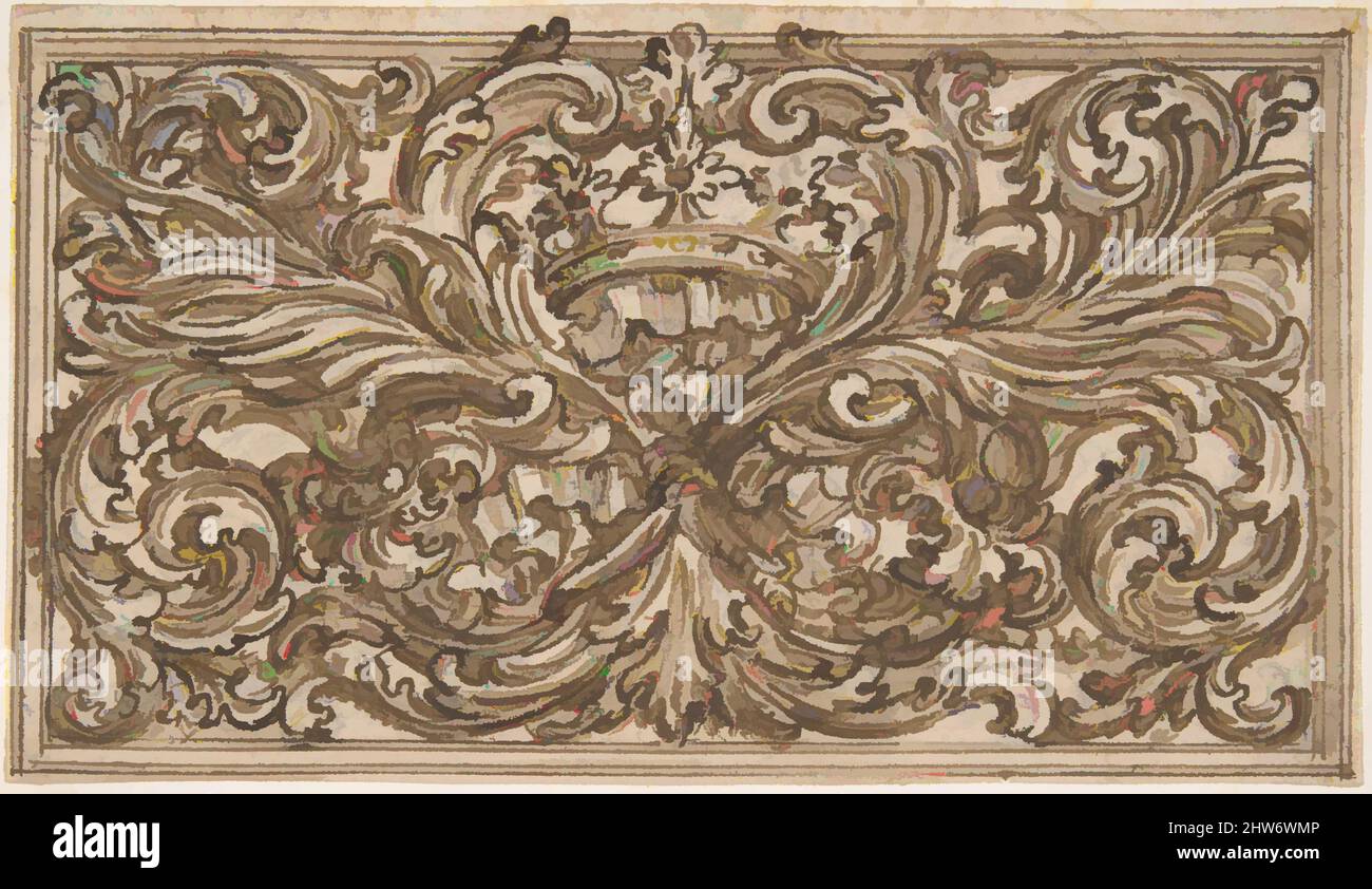 Art inspiré par le design pour un panneau décoré avec Un ensemble de Foliage, Une couronne et une coquille, 18th siècle, encre et lavage brun, 2-3/4 x 4-3/4 in, Anonyme, italien, 18th siècle, oeuvres classiques modernisées par Artotop avec une touche de modernité. Formes, couleur et valeur, impact visuel accrocheur sur l'art émotions par la liberté d'œuvres d'art d'une manière contemporaine. Un message intemporel qui cherche une nouvelle direction créative. Artistes qui se tournent vers le support numérique et créent le NFT Artotop Banque D'Images