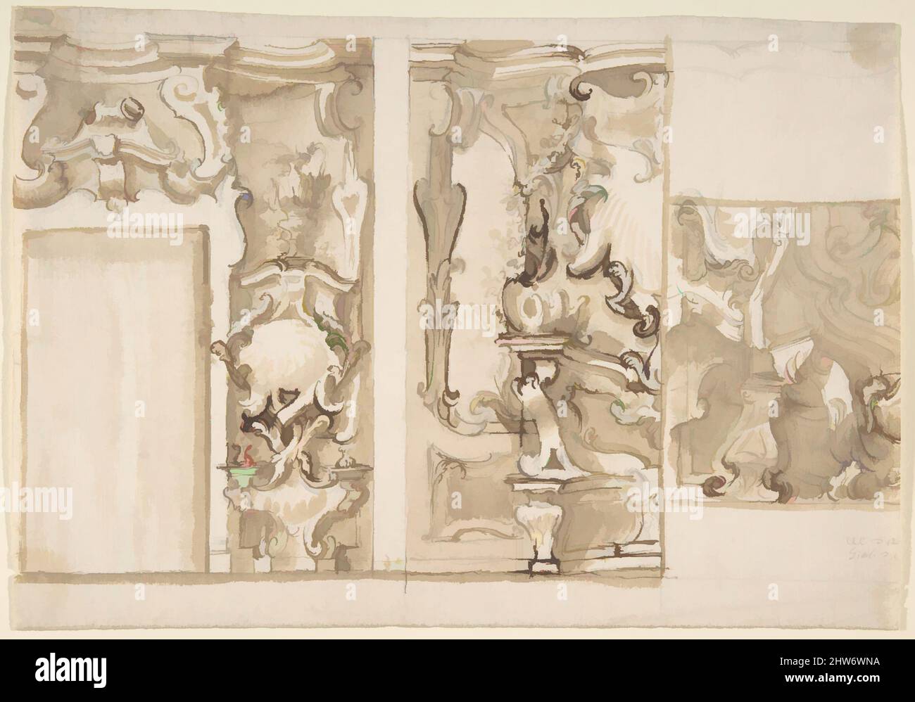 Art inspiré par Design for Wall Elevation and Ceiling, 1740–50, stylo, pinceau et encre brune, 7-5/8 x 11 po, dessins, anonymes, italien, 18th siècle, Œuvres classiques modernisées par Artotop avec une touche de modernité. Formes, couleur et valeur, impact visuel accrocheur sur l'art émotions par la liberté d'œuvres d'art d'une manière contemporaine. Un message intemporel qui cherche une nouvelle direction créative. Artistes qui se tournent vers le support numérique et créent le NFT Artotop Banque D'Images