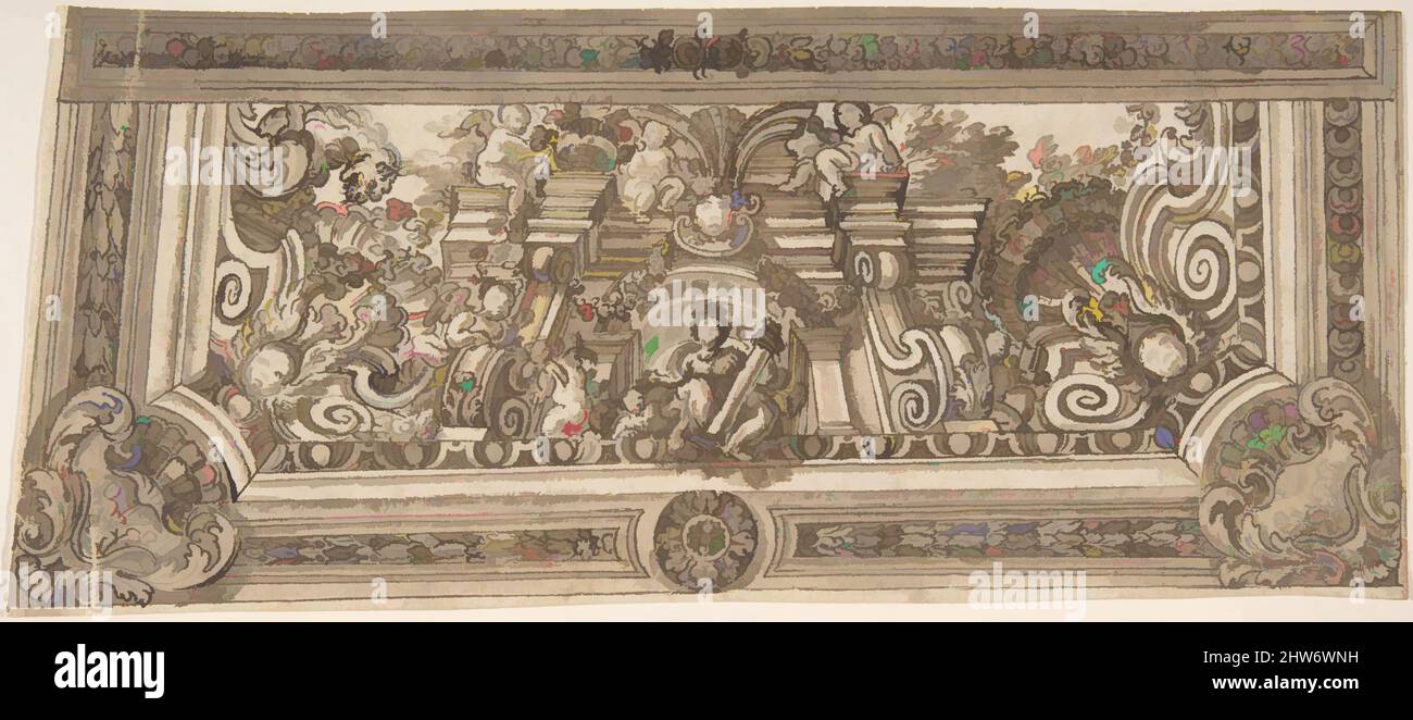 Art inspiré par Design pour la trompe l'oeil Décoration d'un plafond, 18th siècle, encre et lavage brun, 4-1/2 x 10-1/2 in (irrégulier), Anonyme, Italien, 18th siècle, oeuvres classiques modernisées par Artotop avec une touche de modernité. Formes, couleur et valeur, impact visuel accrocheur sur l'art émotions par la liberté d'œuvres d'art d'une manière contemporaine. Un message intemporel qui cherche une nouvelle direction créative. Artistes qui se tournent vers le support numérique et créent le NFT Artotop Banque D'Images