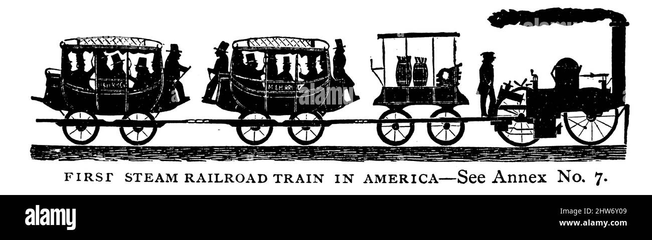 Silhouette du PREMIER TRAIN À VAPEUR EN AMÉRIQUE du livre le nouveau guide touristique et de la côte du Pacifique de Crofutt : à travers le Nebraska, le Wyoming, le Colorado, l'Utah, le Montana, Idaho, Nevada, Californie et Arizona par George A Crofutt, publié à Chicago, dans l'Illinois, par The Overland Pub Co en 1879 Banque D'Images