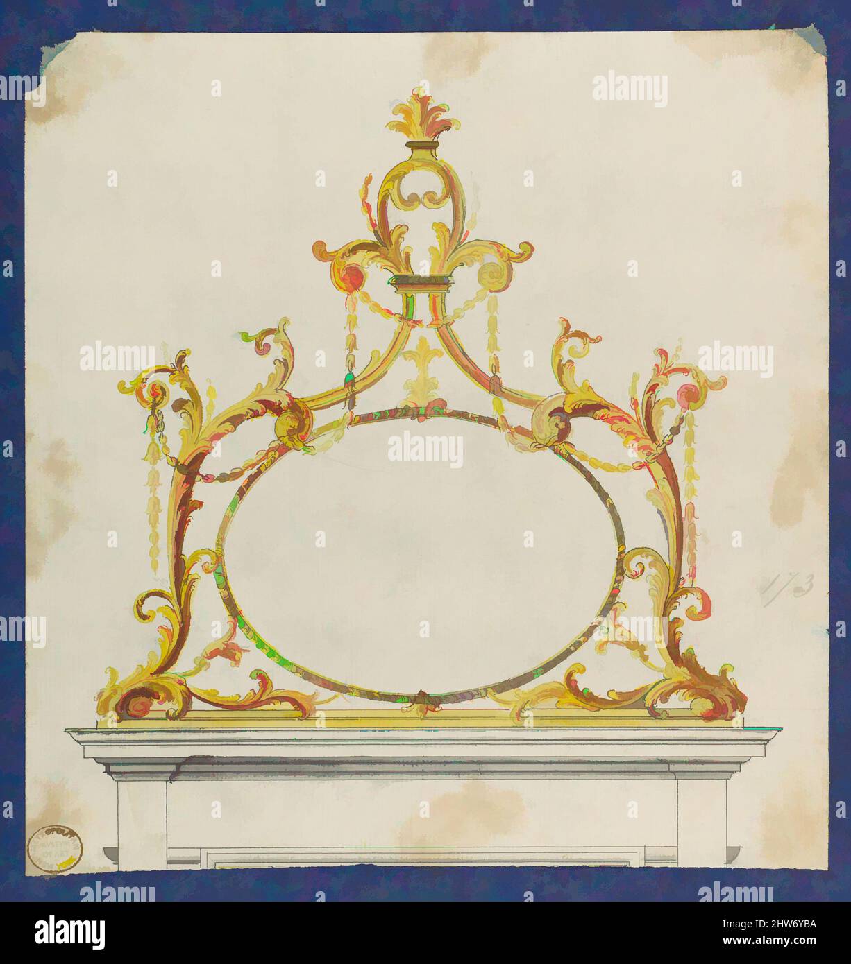 Art inspiré par Overmantle, dans Chippendale dessins, vol. I, ca. 1753–54, encre noire, jaune, marron, rouge, lavages gris, feuille : 7 9/16 x 7 1/4 po. (19,2 x 18,4 cm), Thomas Chippendale (britannique, baptisé Otley, West Yorkshire 1718–1779 Londres, œuvres classiques modernisées par Artotop avec une touche de modernité. Formes, couleur et valeur, impact visuel accrocheur sur l'art émotions par la liberté d'œuvres d'art d'une manière contemporaine. Un message intemporel qui cherche une nouvelle direction créative. Artistes qui se tournent vers le support numérique et créent le NFT Artotop Banque D'Images