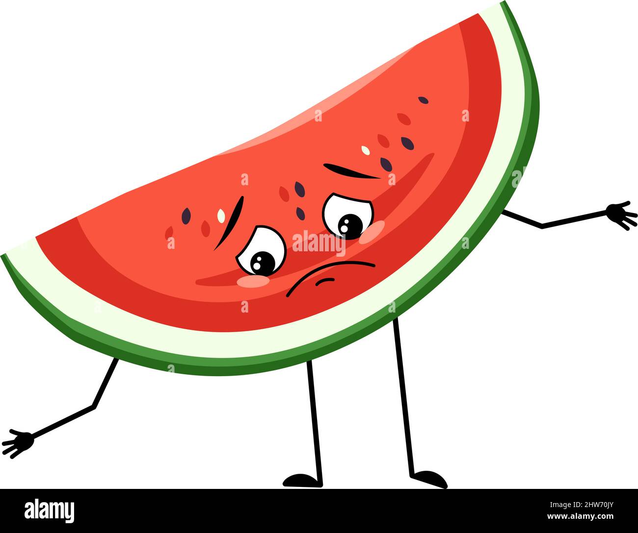 Le personnage de pastèque avec des émotions tristes, le visage déprimé, les yeux, les bras et les jambes. Personne avec expression mélancolique, émoticône de fruit. Illustration vectorielle plate Illustration de Vecteur