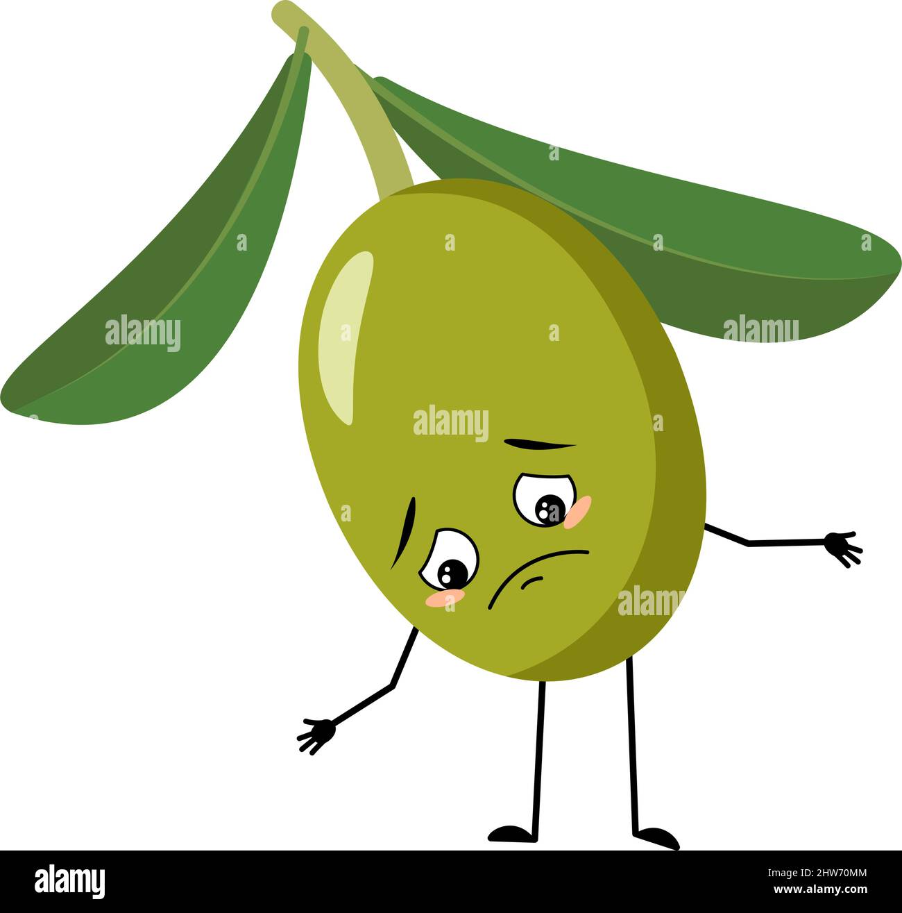 Caractère olive avec des émotions tristes, visage déprimé, yeux bas, bras et jambes. Personne avec expression mélancolique, émoticône de fruit. Illustration vectorielle plate Illustration de Vecteur