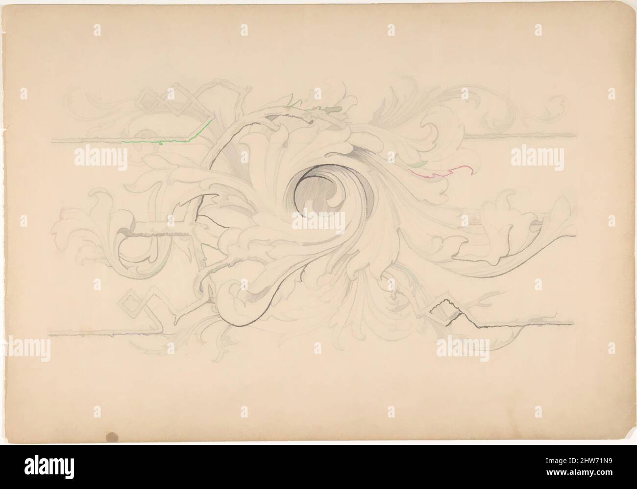 Art inspiré par Designs for Borders and Corners, acanthus, 1830–1904, Graphite, Robert William Hume (British, London 1816–1904 long Island City, Classic œuvres modernisées par Artotop avec une touche de modernité. Formes, couleur et valeur, impact visuel accrocheur sur l'art émotions par la liberté d'œuvres d'art d'une manière contemporaine. Un message intemporel qui cherche une nouvelle direction créative. Artistes qui se tournent vers le support numérique et créent le NFT Artotop Banque D'Images