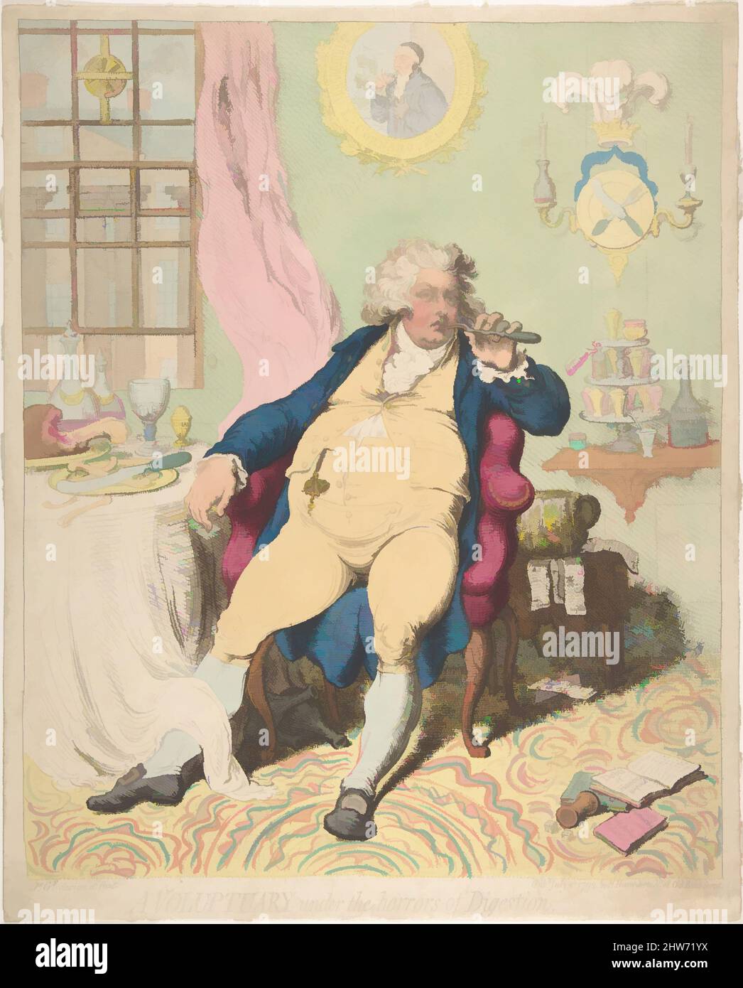 Art inspiré par Un voluptuaire sous les horreurs de la digestion, 2 juillet 1792, gravure couleur main, feuille : 14 3/8 x 11 9/16 po. (36,5 x 29,3 cm), Prints, James Gillray (British, Chelsea 1756–1815 London), célèbre caricature brutale de George, Prince of Wales, de Gillray, encapsule les œuvres classiques modernisées par Artotop avec une touche de modernité. Formes, couleur et valeur, impact visuel accrocheur sur l'art émotions par la liberté d'œuvres d'art d'une manière contemporaine. Un message intemporel qui cherche une nouvelle direction créative. Artistes qui se tournent vers le support numérique et créent le NFT Artotop Banque D'Images