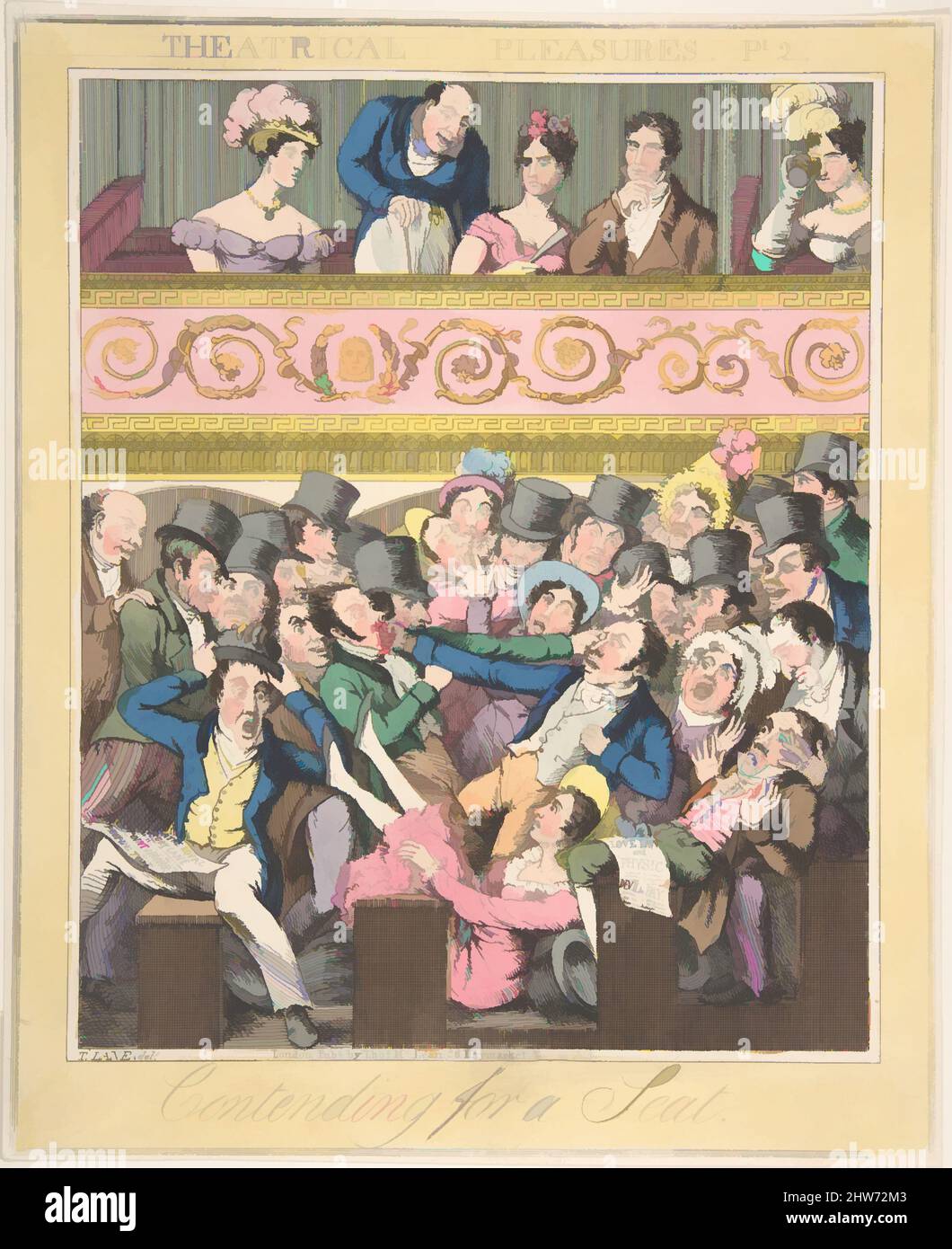 Art inspiré par les plaisirs théâtraux, plate 2: Contoring for a Seat, ca. 1835, gravure couleur main, image : 8 15/16 x 7 5/16 po. (22,7 x 18,6 cm), tirages, Theodore Lane (British, Isleworth ca. 1800–1828 Londres), les théâtres de la classe moyenne inférieure luttent ici pour obtenir des sièges non réservés, les œuvres classiques modernisées par Artotop avec une touche de modernité. Formes, couleur et valeur, impact visuel accrocheur sur l'art émotions par la liberté d'œuvres d'art d'une manière contemporaine. Un message intemporel qui cherche une nouvelle direction créative. Artistes qui se tournent vers le support numérique et créent le NFT Artotop Banque D'Images