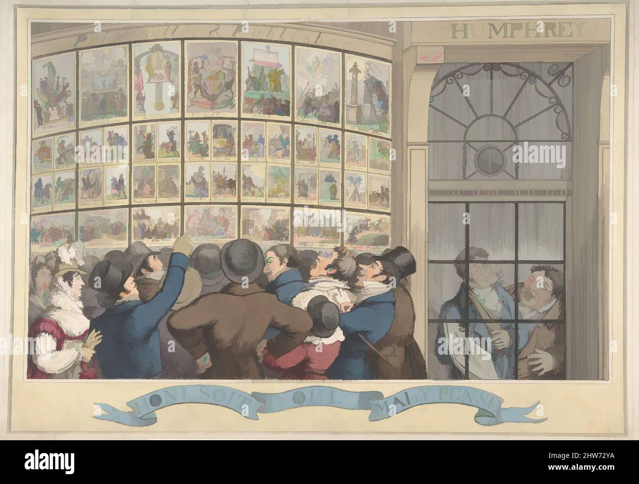 Art inspiré par Honi. Soi. Qui. MAL. Y. Pense : The caricature Shop of G. Humphrey, 27 St. James's Street, Londres, 12 août 1821, gravure de couleur main, plaque : 11 13/16 x 16 7/8 po. (30 x 42,8 cm), tirages, Theodore Lane (British, Isleworth ca. 1800–1828 Londres), Une foule de boistres, des œuvres classiques modernisées par Artotop avec une touche de modernité. Formes, couleur et valeur, impact visuel accrocheur sur l'art émotions par la liberté d'œuvres d'art d'une manière contemporaine. Un message intemporel qui cherche une nouvelle direction créative. Artistes qui se tournent vers le support numérique et créent le NFT Artotop Banque D'Images