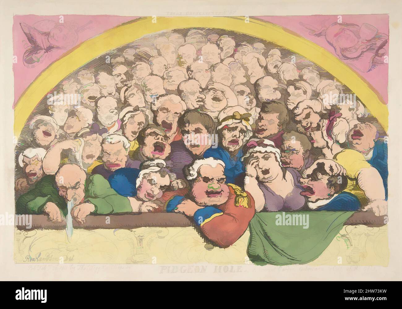 Art inspiré par Pidgeon Hole. A Convent Garden contributive to Coop up the Gods, 20 février 1811, gravure couleur main, feuille: 9 5/8 x 13 3/4 po. (24,5 x 34,9 cm), Prints, Thomas Rowlandson (britannique, Londres 1757–1827 Londres), Rowlandson ici fait allusion à l'inconfort de la classe ouvrière, les œuvres classiques modernisées par Artotop avec une touche de modernité. Formes, couleur et valeur, impact visuel accrocheur sur l'art émotions par la liberté d'œuvres d'art d'une manière contemporaine. Un message intemporel qui cherche une nouvelle direction créative. Artistes qui se tournent vers le support numérique et créent le NFT Artotop Banque D'Images