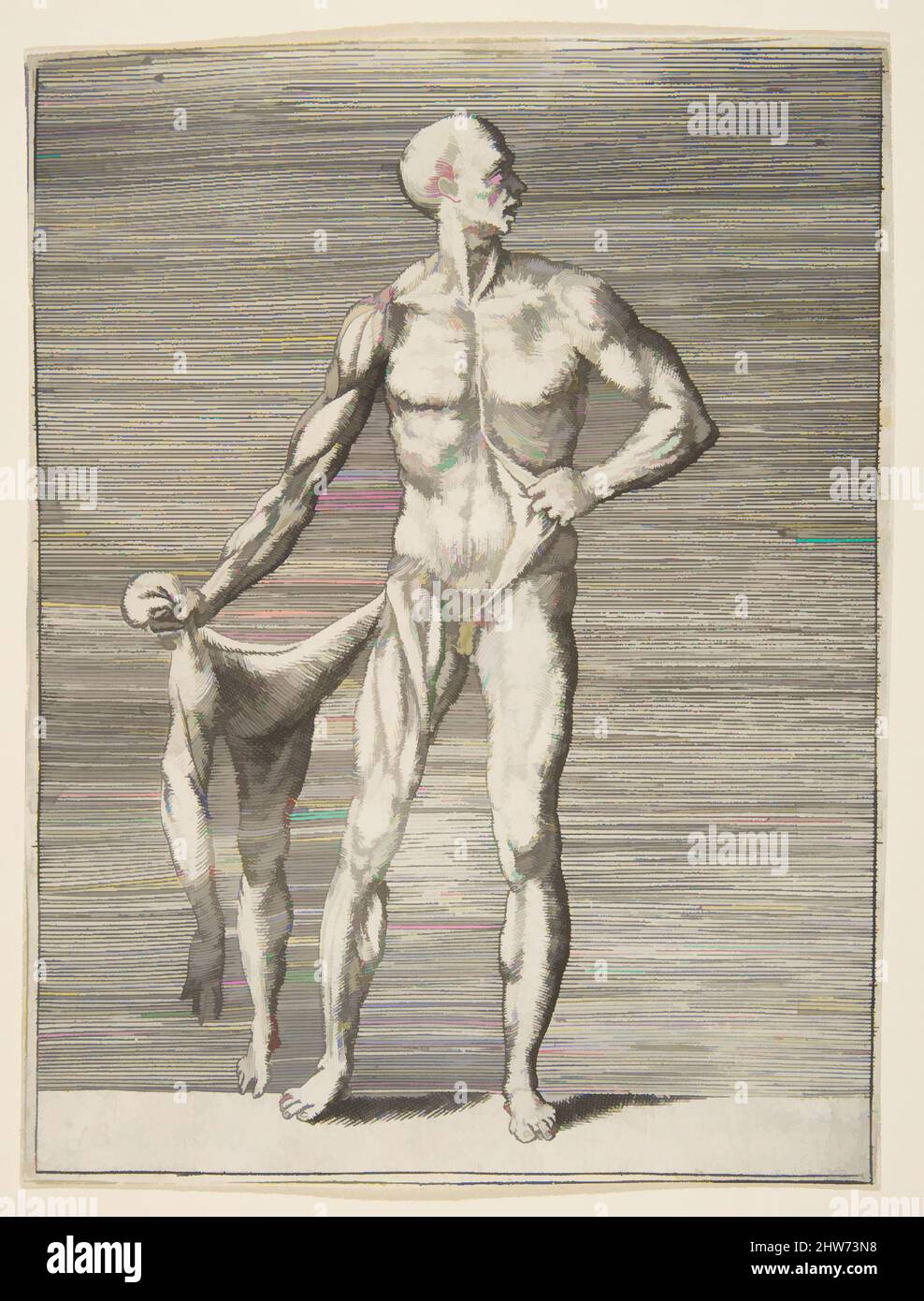 Art inspiré par l'homme vu du front, tenant la peau de son bras droit et de la jambe dans sa main droite, 16th siècle, gravure, feuille: 5 7/8 x 4 7/16 po. (15 x 11,3 cm), Prints, Giulio Bonasone (italien, active Rome et Bologne, 1531–après 1576, œuvres classiques modernisées par Artotop avec une touche de modernité. Formes, couleur et valeur, impact visuel accrocheur sur l'art émotions par la liberté d'œuvres d'art d'une manière contemporaine. Un message intemporel qui cherche une nouvelle direction créative. Artistes qui se tournent vers le support numérique et créent le NFT Artotop Banque D'Images