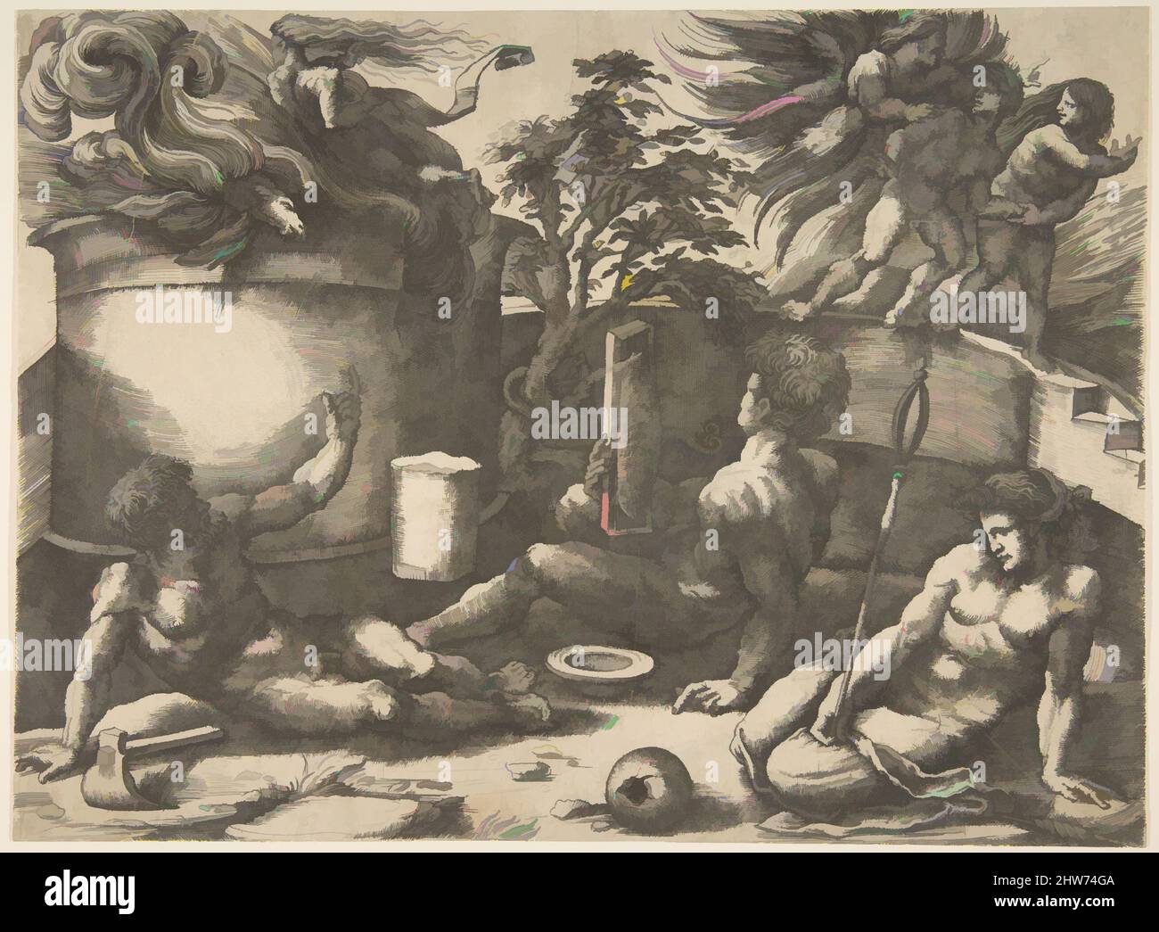 Art inspiré par Caïn dans le centre tenant un miroir observant son sacrifice assis près d'Adam et Eve, dans le fond un ange les expulsant du Paradis, ca. 1530–50, gravure, feuille : 9 1/4 x 12 5/8 po. (23,5 x 32 cm), Prints, Giulio Bonasone (italien, active Rome et Bologne, oeuvres classiques modernisées par Artotop avec une touche de modernité. Formes, couleur et valeur, impact visuel accrocheur sur l'art émotions par la liberté d'œuvres d'art d'une manière contemporaine. Un message intemporel qui cherche une nouvelle direction créative. Artistes qui se tournent vers le support numérique et créent le NFT Artotop Banque D'Images