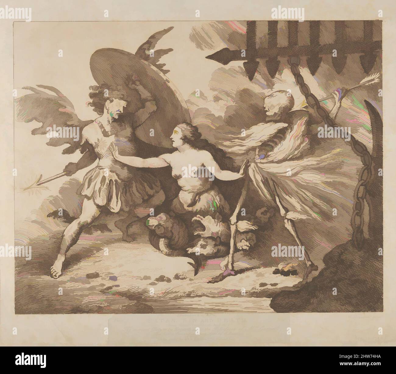 Art inspiré par Satan, péché et mort (Paradis perdu, Livre le 2nd), après 1790, Etching, imprimé à l'encre brune, assiette: 12 7/8 x 14 7/8 po. (32,7 x 37,8 cm), Prints, Thomas Rowlandson (britannique, Londres 1757–1827 Londres), d'après Richard Livesay (britannique, 1753–1823 Southsea), d'après William, les œuvres classiques modernisées par Artotop avec un peu de modernité. Formes, couleur et valeur, impact visuel accrocheur sur l'art émotions par la liberté d'œuvres d'art d'une manière contemporaine. Un message intemporel qui cherche une nouvelle direction créative. Artistes qui se tournent vers le support numérique et créent le NFT Artotop Banque D'Images