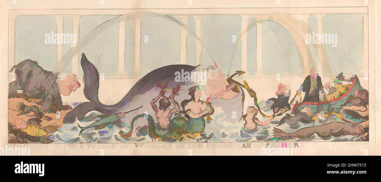 Art inspiré par le Prince des baleines ou le pêcheur à l'ancre, 1 mai 1812, gravure couleur main, feuille : 8 3/4 x 20 15/16 po. (22,2 x 53,2 cm), Prints, George Cruikshank (britannique, Londres 1792–1878 Londres), ce triomphe marin au cœur de la lumière projette George, Prince de Galles comme une mer, les œuvres classiques modernisées par Artotop avec une touche de modernité. Formes, couleur et valeur, impact visuel accrocheur sur l'art émotions par la liberté d'œuvres d'art d'une manière contemporaine. Un message intemporel qui cherche une nouvelle direction créative. Artistes qui se tournent vers le support numérique et créent le NFT Artotop Banque D'Images