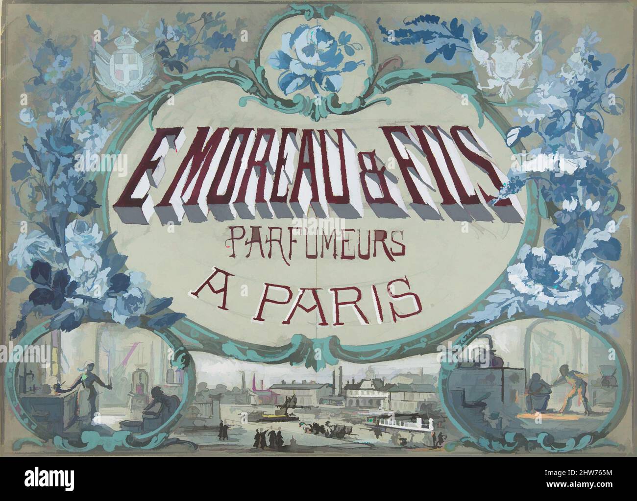 Art inspiré par E. Moreau & fils, Parfumeurs à Paris, 19th Century, Graphite et gouache sur papier vélin bleu pâle, feuille : 10 7/8 x 15 1/16 po (27,6 x 38,2 cm), dessins, anonymes, français, 19th siècle, Œuvres classiques modernisées par Artotop avec une touche de modernité. Formes, couleur et valeur, impact visuel accrocheur sur l'art émotions par la liberté d'œuvres d'art d'une manière contemporaine. Un message intemporel qui cherche une nouvelle direction créative. Artistes qui se tournent vers le support numérique et créent le NFT Artotop Banque D'Images