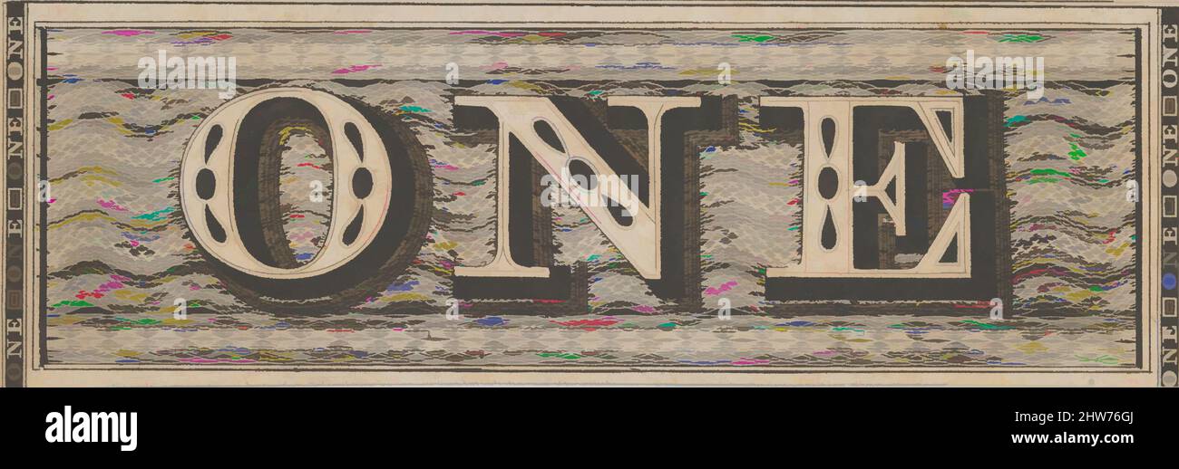 Art inspiré par le motif de Banknote: Le mot UN contre une bande rectangulaire de travail de tour, ca. 1824–42, gravure, feuille : 1 x 3 5/16 po. (2,6 x 8,4 cm), imprimés, associés à Cyrus Durand (américain, 1787–1868, oeuvres classiques modernisées par Artotop avec une touche de modernité. Formes, couleur et valeur, impact visuel accrocheur sur l'art émotions par la liberté d'œuvres d'art d'une manière contemporaine. Un message intemporel qui cherche une nouvelle direction créative. Artistes qui se tournent vers le support numérique et créent le NFT Artotop Banque D'Images
