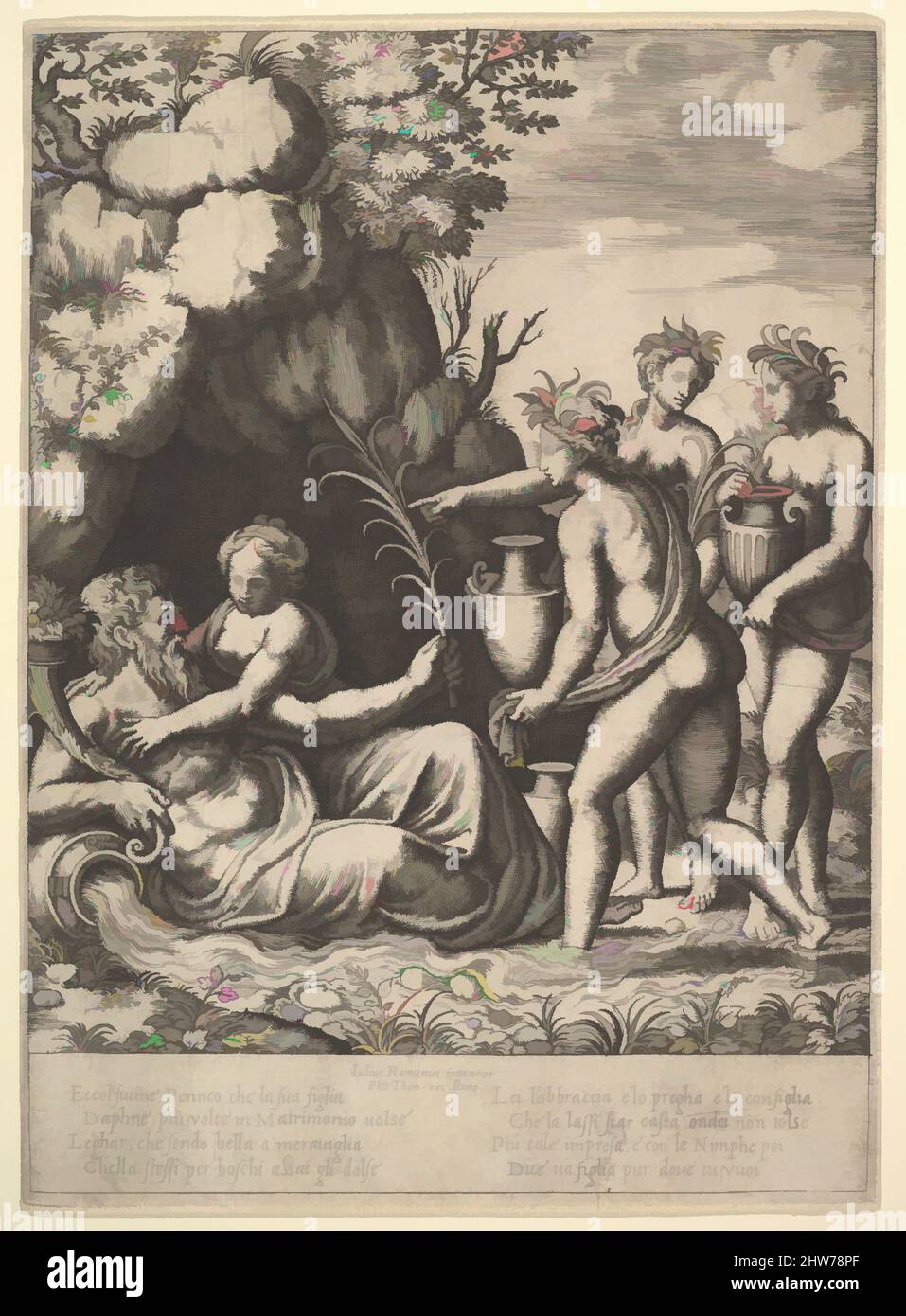 Art inspiré par Daphné embrassant son père, le Dieu-rivière Peneus, à gauche trois nymphes apportent des bocaux du 'conservateur d'Apollon et de Daphne', 1530–60, gravure, feuille: 10 1/16 × 7 5/16 po. (25,6 × 18,5 cm), estampes, Maître de la matrice (italien, active Rome, env. 1530–60), après, les œuvres classiques modernisées par Artotop avec une touche de modernité. Formes, couleur et valeur, impact visuel accrocheur sur l'art émotions par la liberté d'œuvres d'art d'une manière contemporaine. Un message intemporel qui cherche une nouvelle direction créative. Artistes qui se tournent vers le support numérique et créent le NFT Artotop Banque D'Images