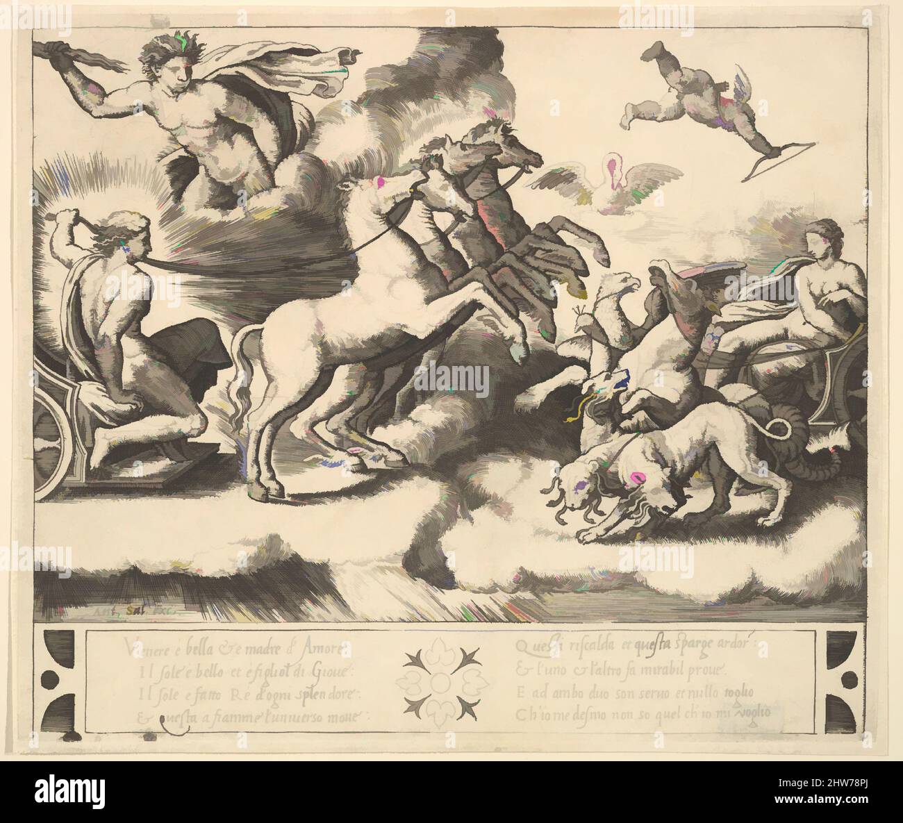 L'art inspiré par Apollon dans son char à cheval à gauche, au-dessus de lui, au-dessus de Jupiter, fait hurler un tonneau, Vénus à droite dans son char dessiné par des animaux, 1530–60, gravure, feuille: 7 7/8 x 9 1/16 po. (20 x 23 cm), tirages, Maître de la matrice (italien, active Rome, env. 1530–60), après, les œuvres classiques modernisées par Artotop avec une touche de modernité. Formes, couleur et valeur, impact visuel accrocheur sur l'art émotions par la liberté d'œuvres d'art d'une manière contemporaine. Un message intemporel qui cherche une nouvelle direction créative. Artistes qui se tournent vers le support numérique et créent le NFT Artotop Banque D'Images